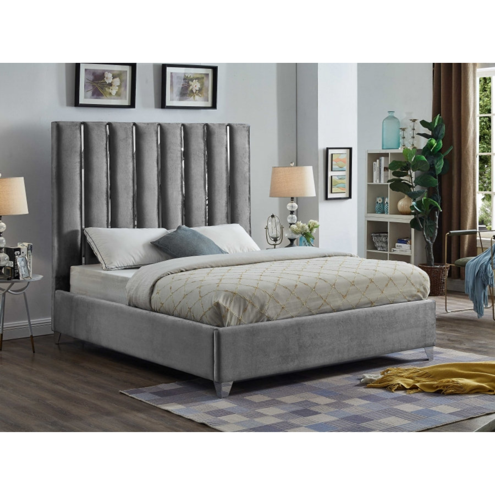 King Bed - Grey Velvet Fabric Bed #5620