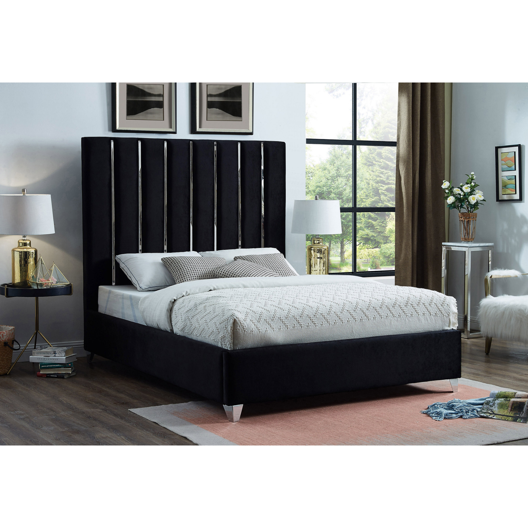 Queen Bed - Black Velvet Fabric Bed 5621