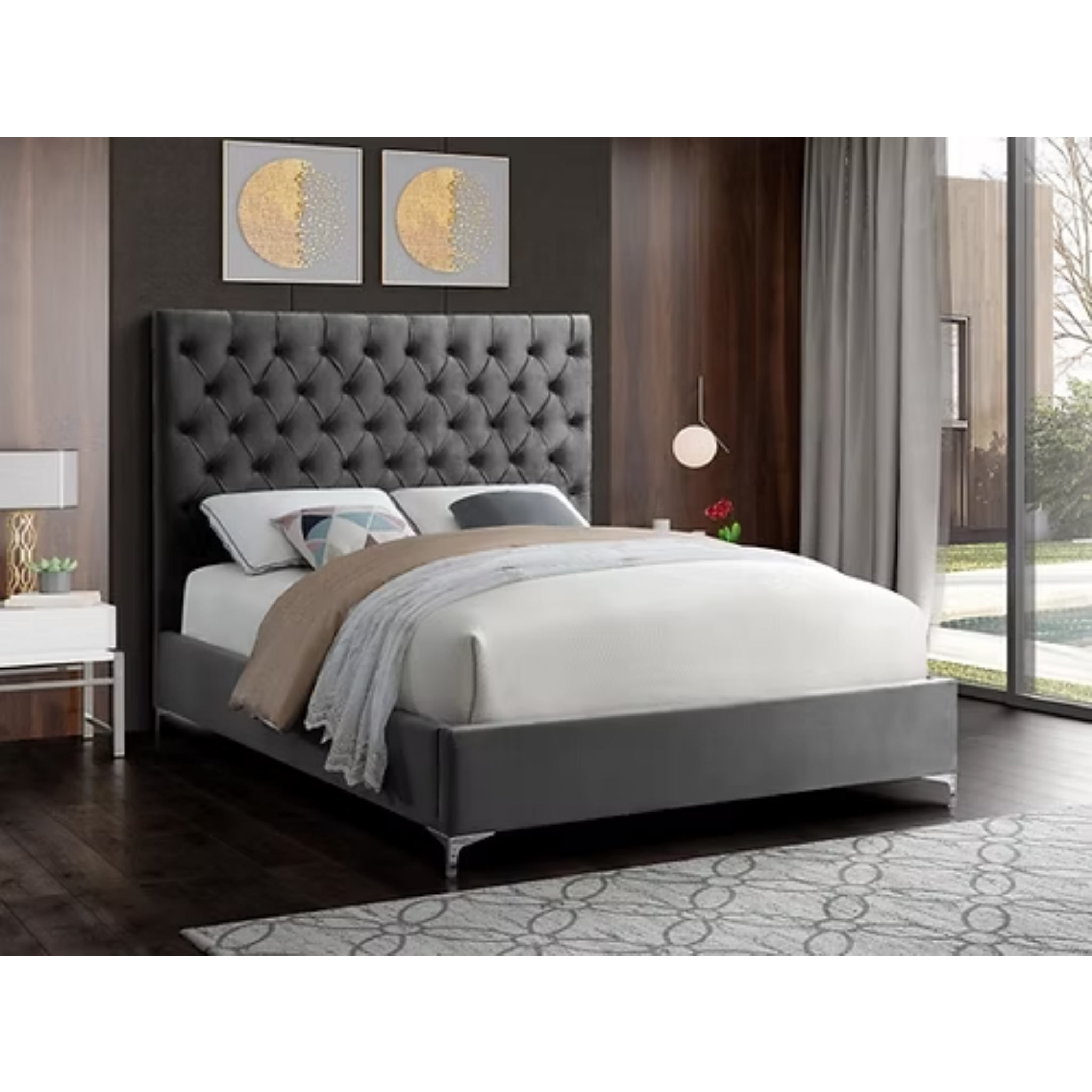 Queen Bed - Grey Velvet Bed IF 5640