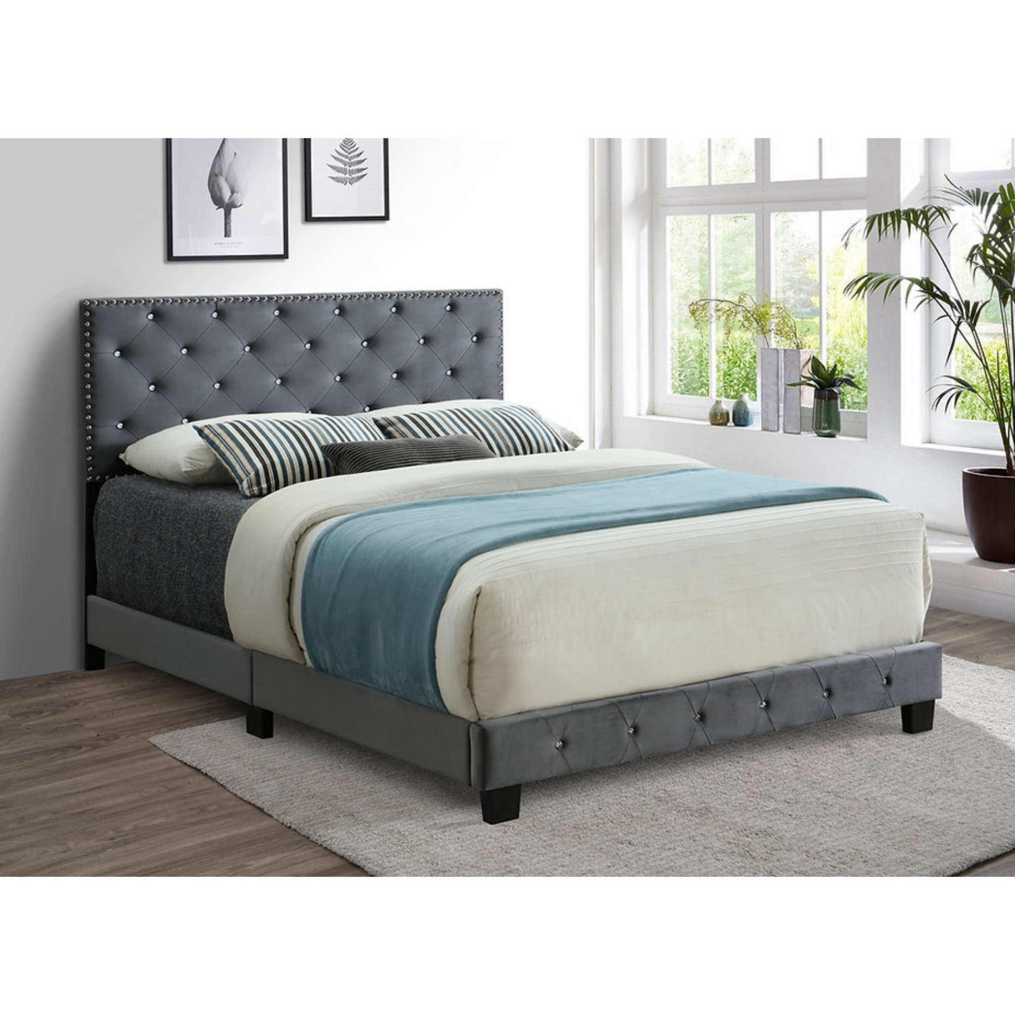 Double Bed - Grey Velvet Bed with Nailhead - 5650