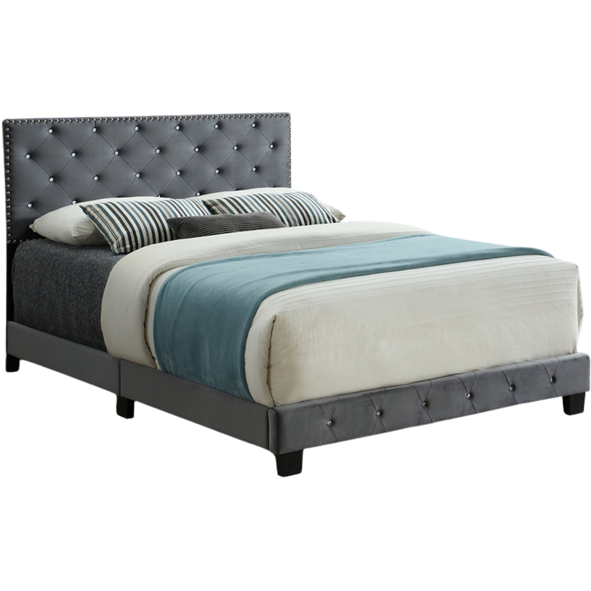 Double Bed - Grey Velvet Bed with Nailhead - 5650
