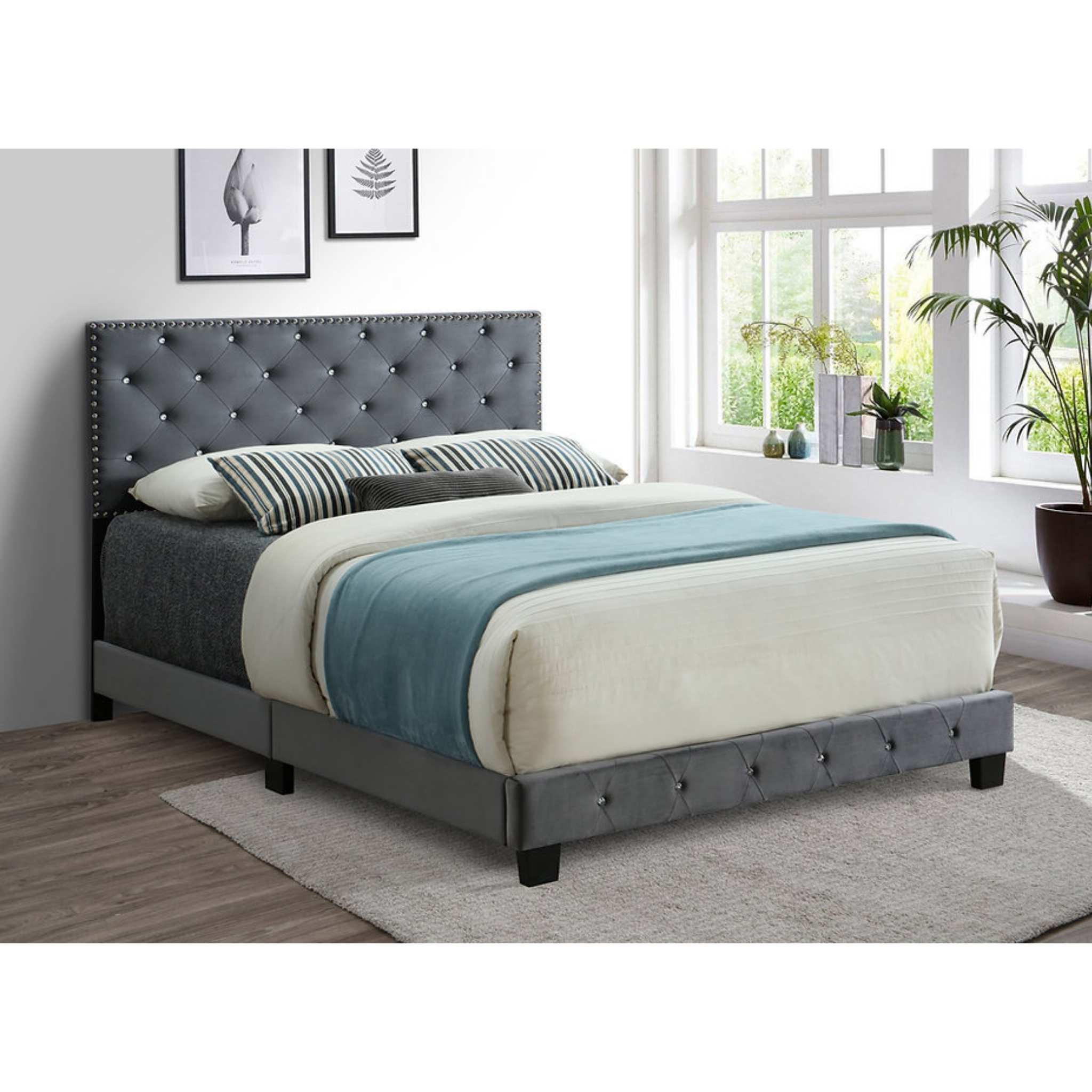 Lit King Size - Lit en velours gris avec tête de clou - 5650
