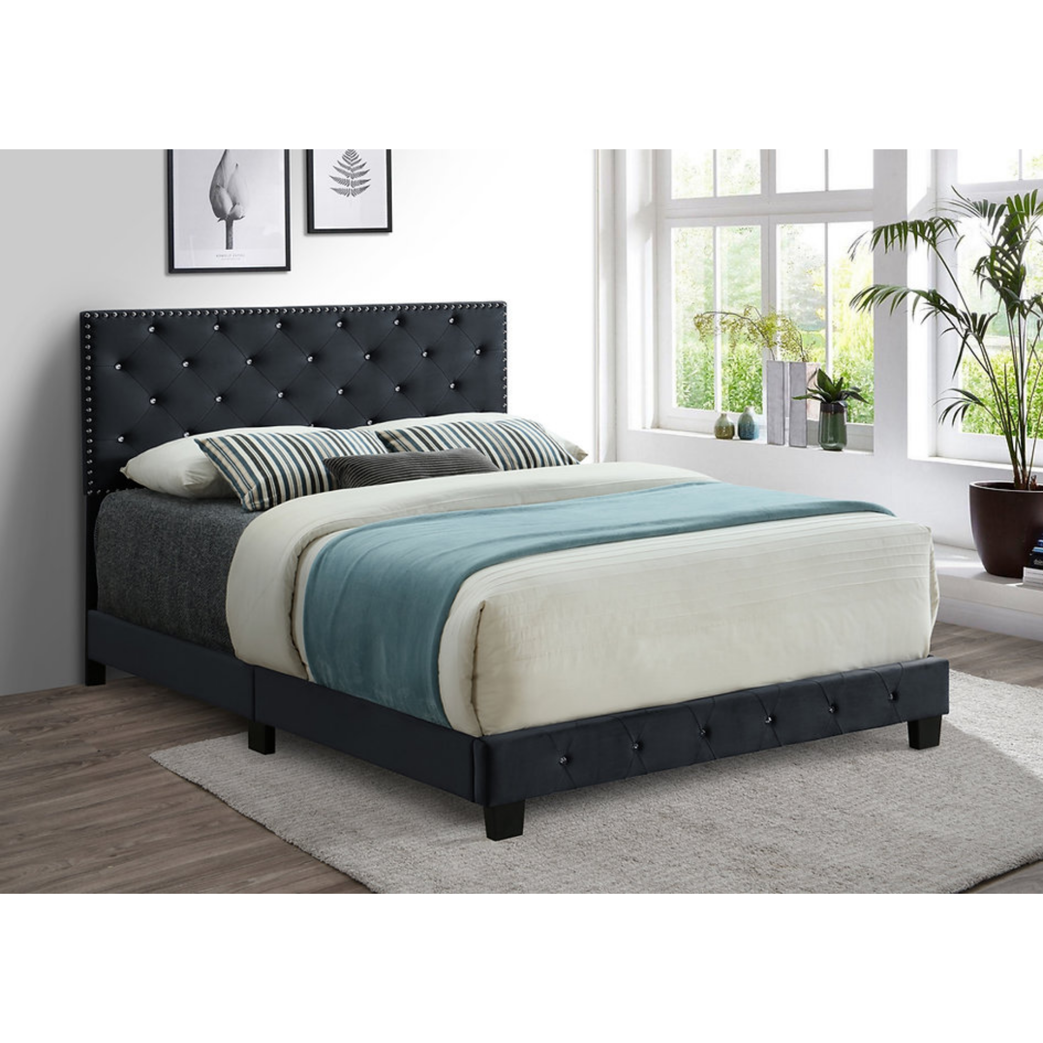 King Bed - Black Velvet Bed with Nailhead - 5651