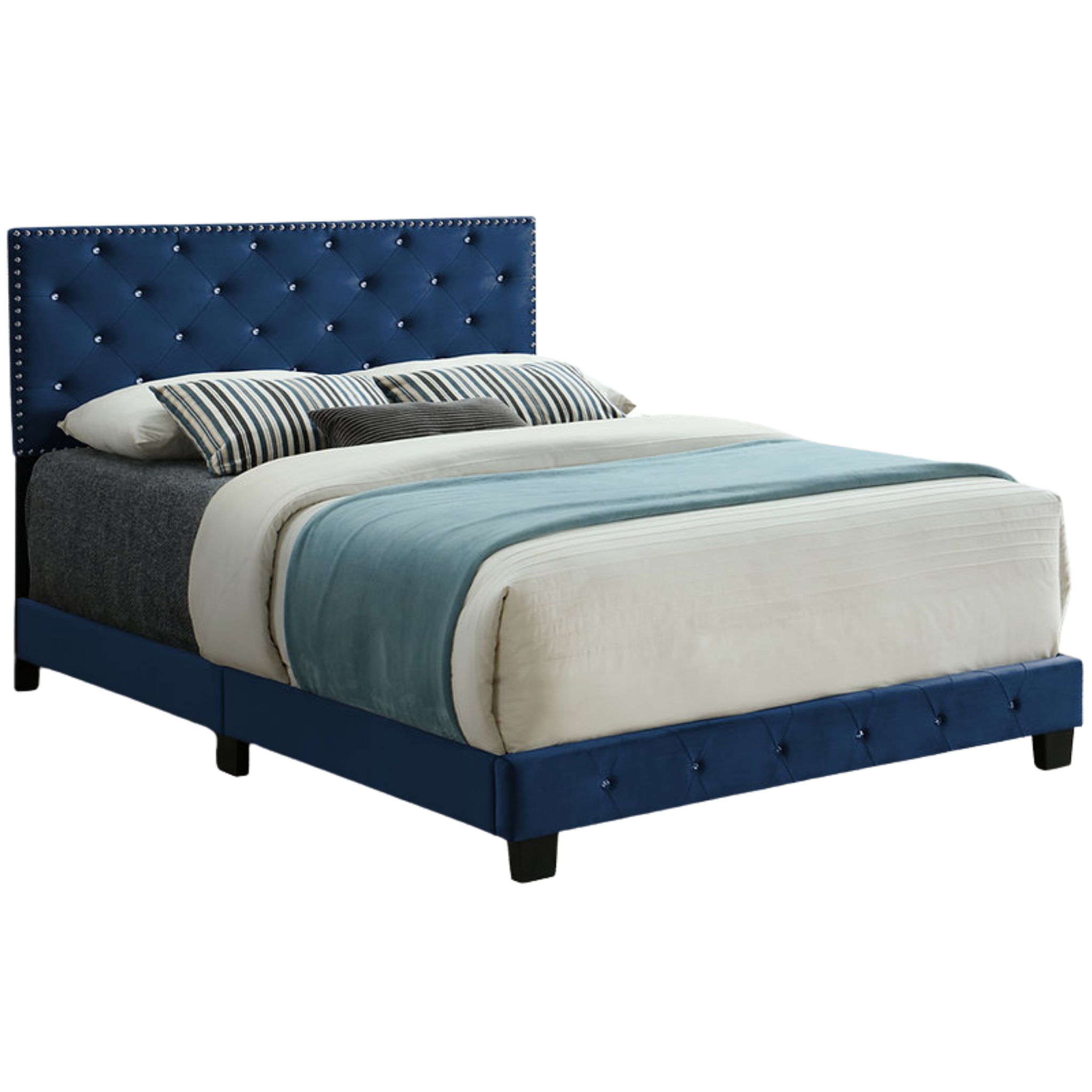 Lit King Size - Lit en velours bleu avec tête de clou - 5652