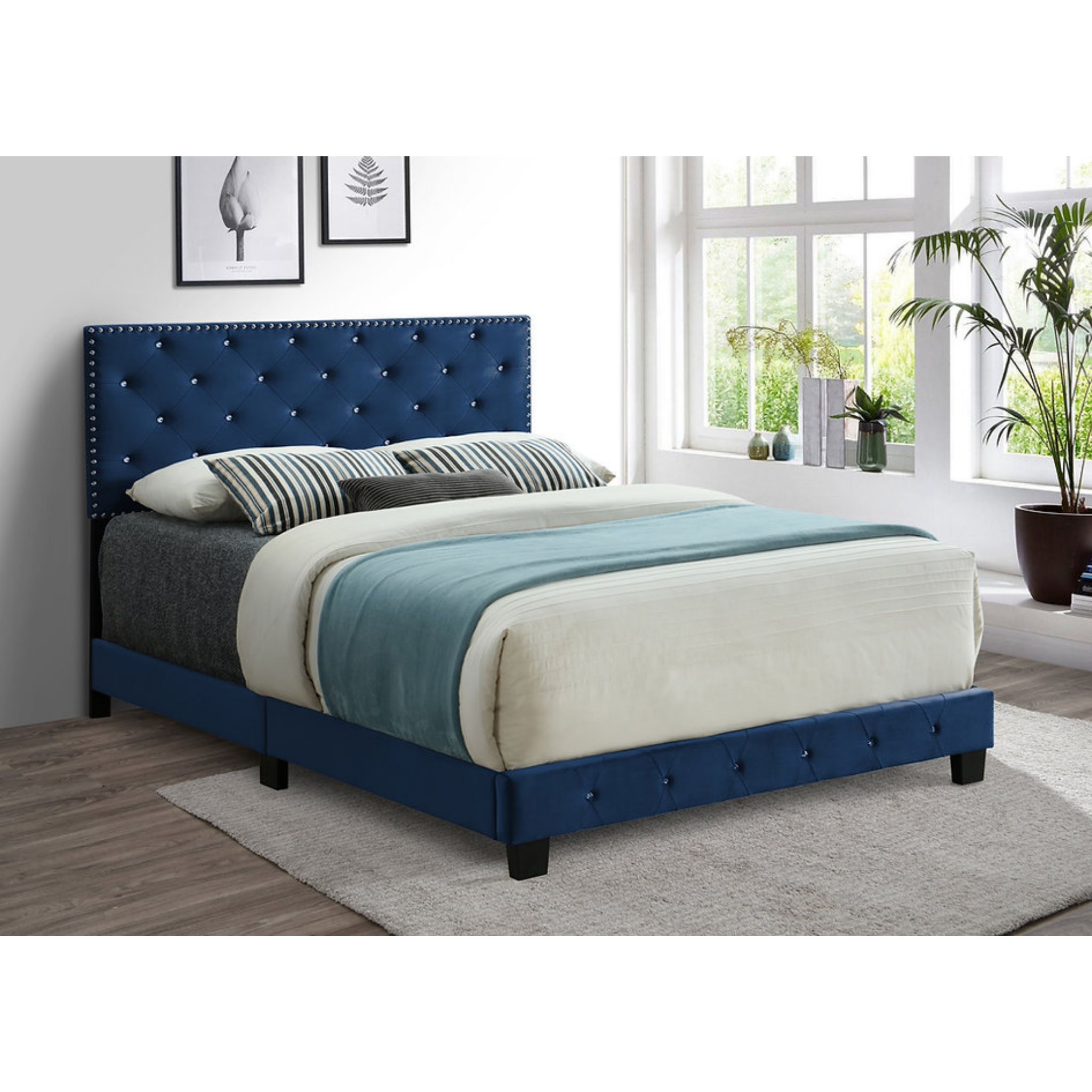 Lit King Size - Lit en velours bleu avec tête de clou - 5652