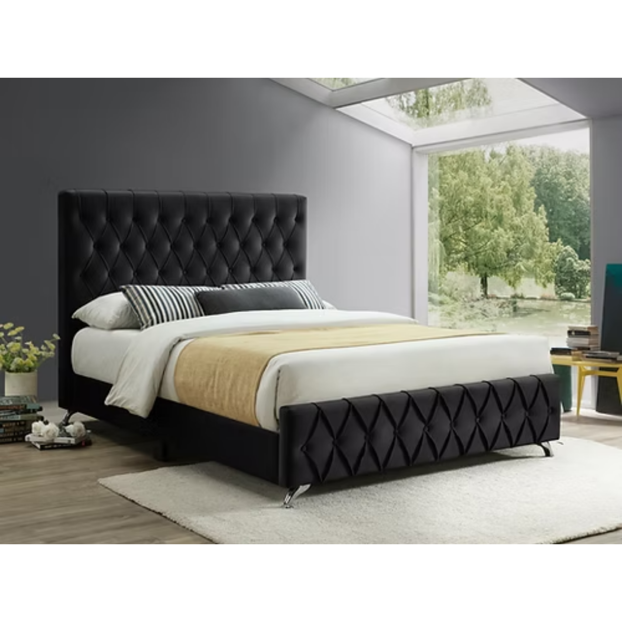Queen Bed - Black Velvet Bed with Diamond Pattern 5671