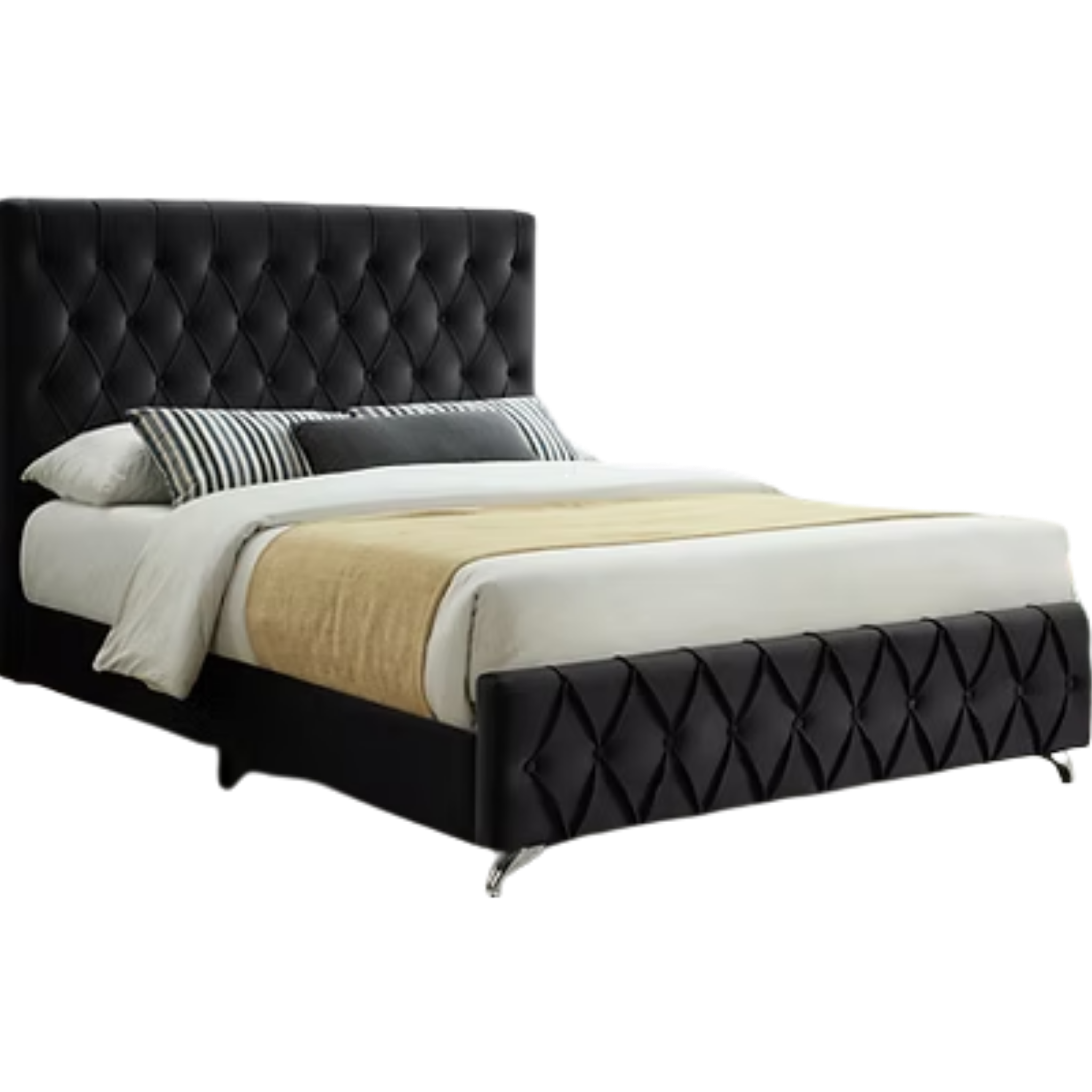 Queen Bed - Black Velvet Bed with Diamond Pattern 5671