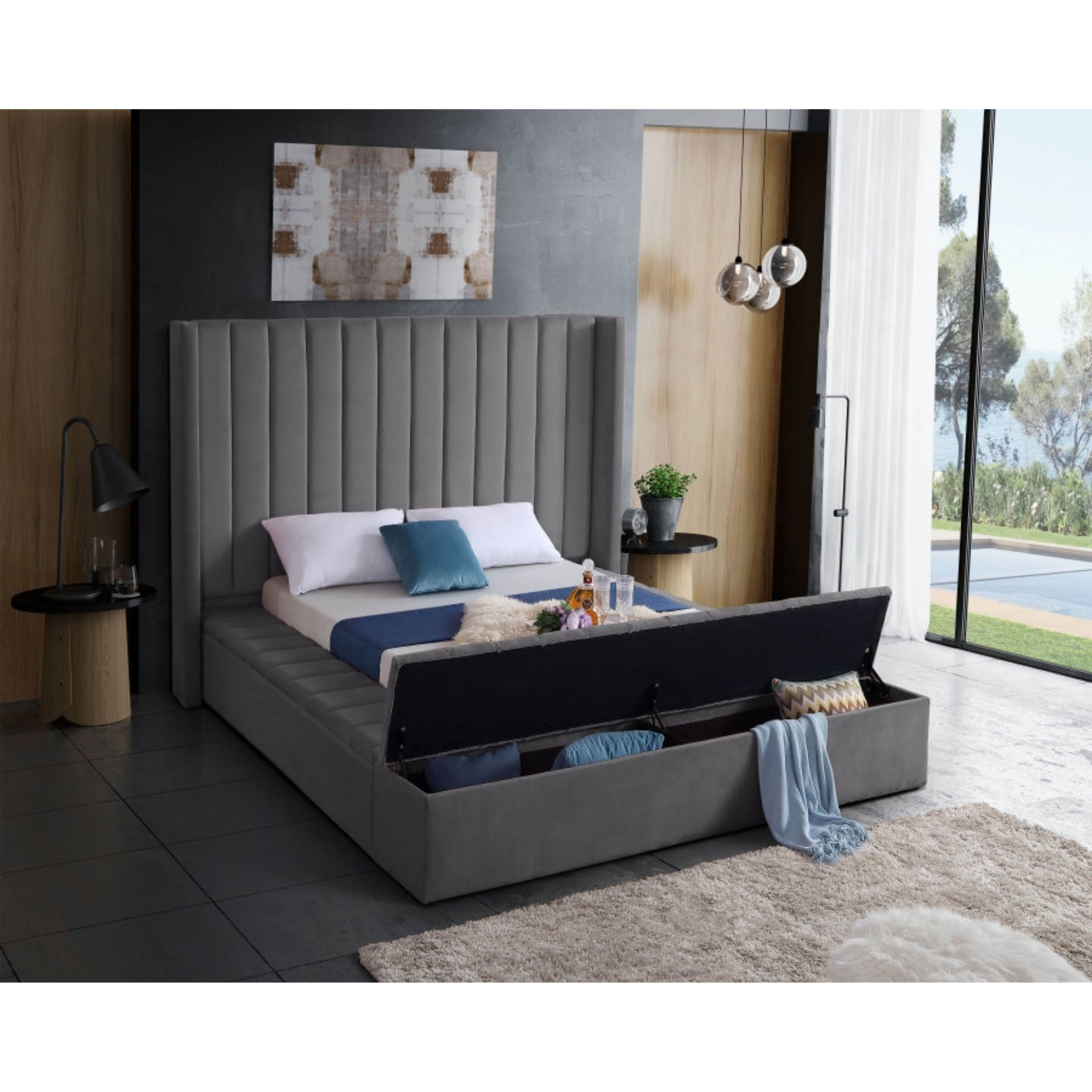 Queen Bed - Grey Velvet Fabric Bed 5720