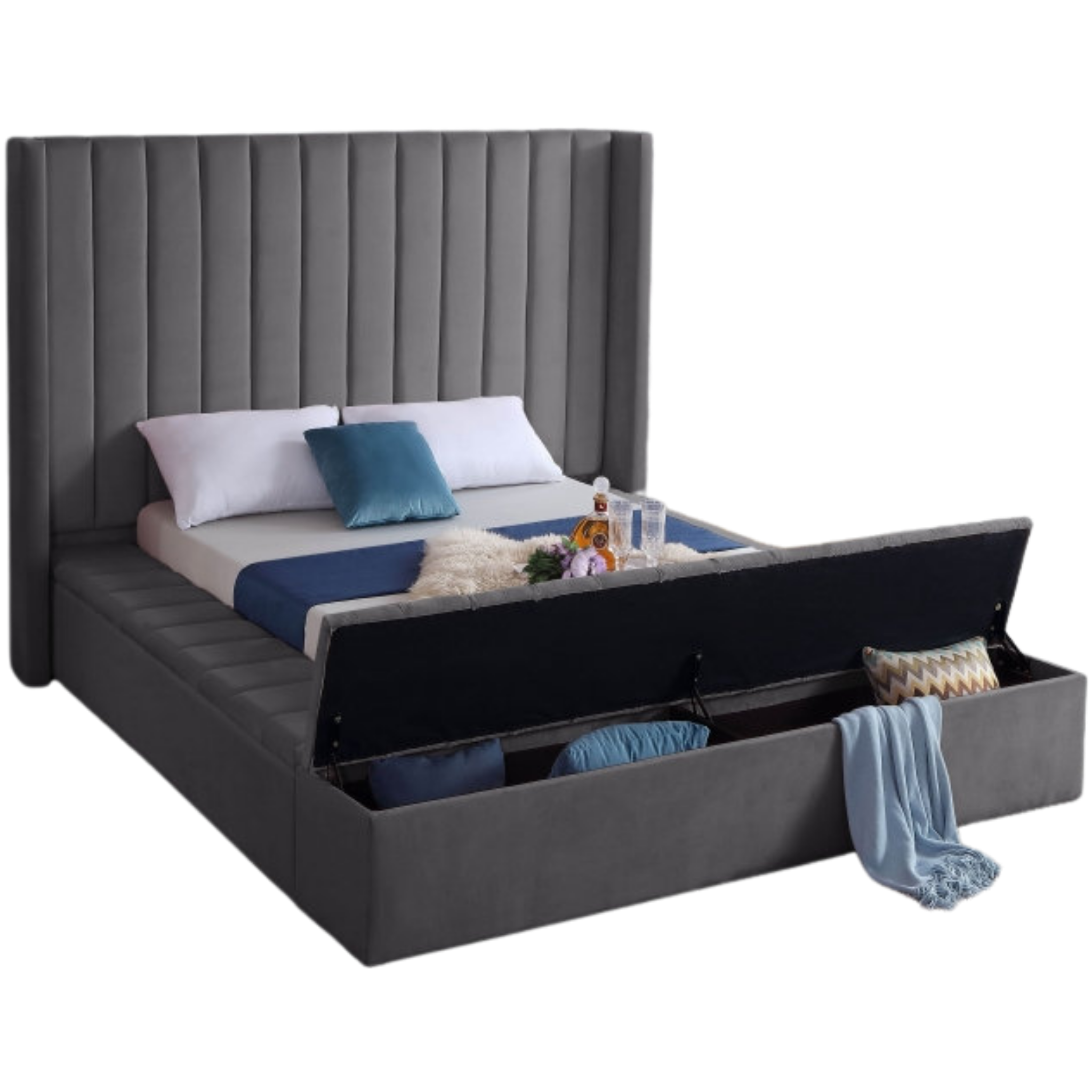 King Bed - Grey Velvet Fabric Bed 5720