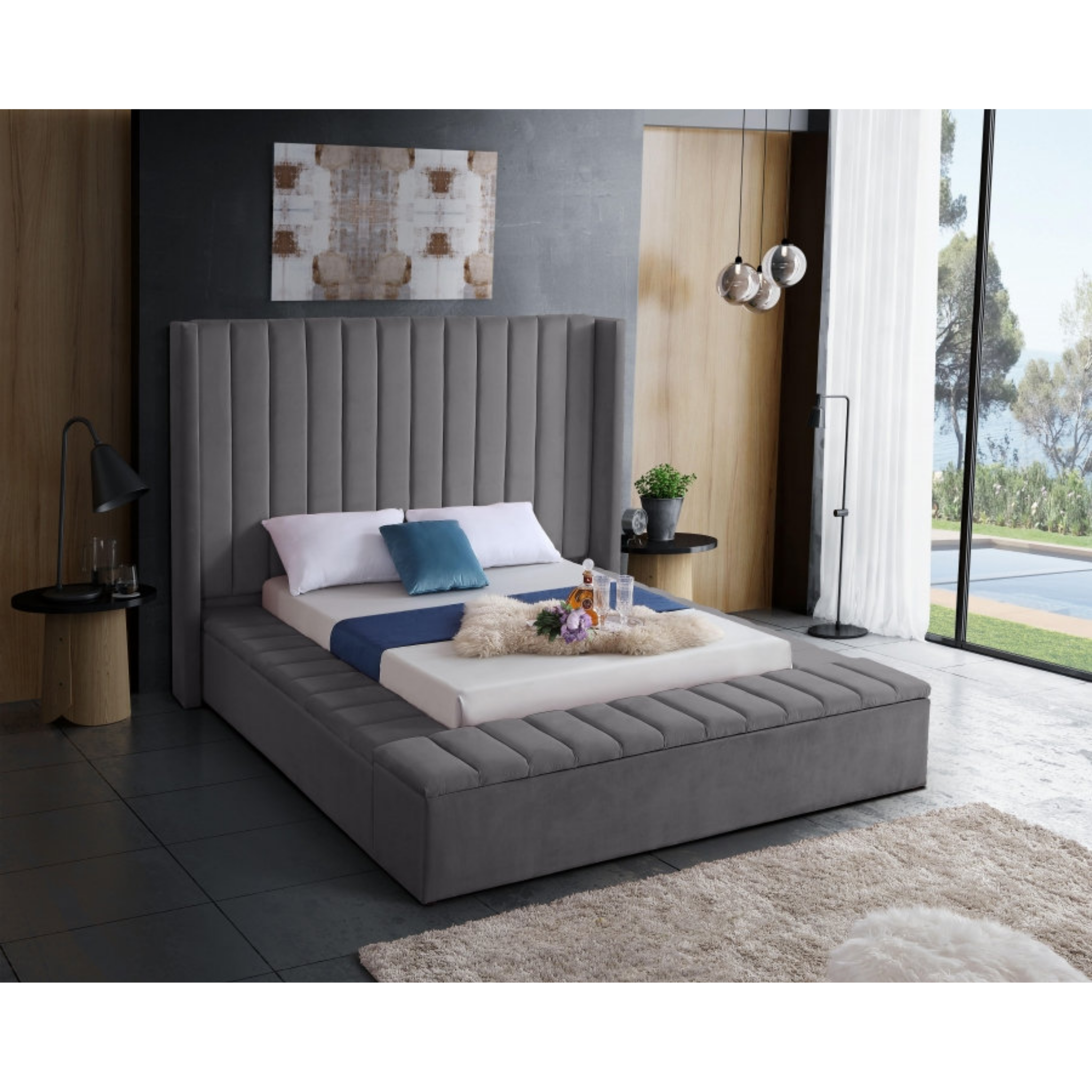 King Bed - Grey Velvet Fabric Bed 5720