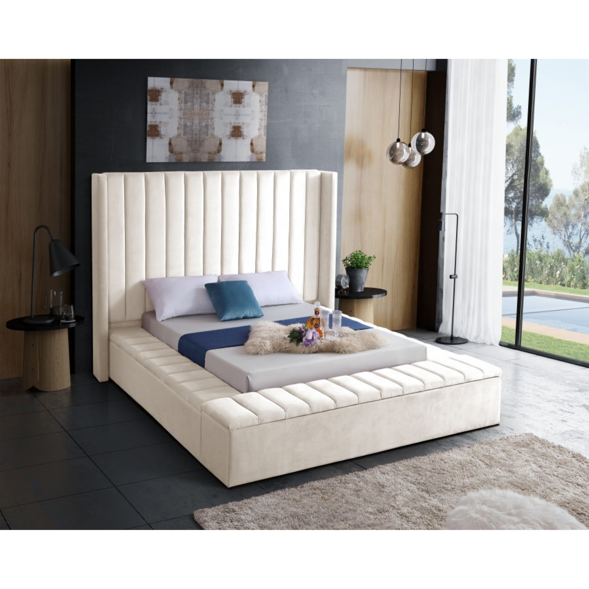 Lit Queen Size - Tissu velours crème 5723