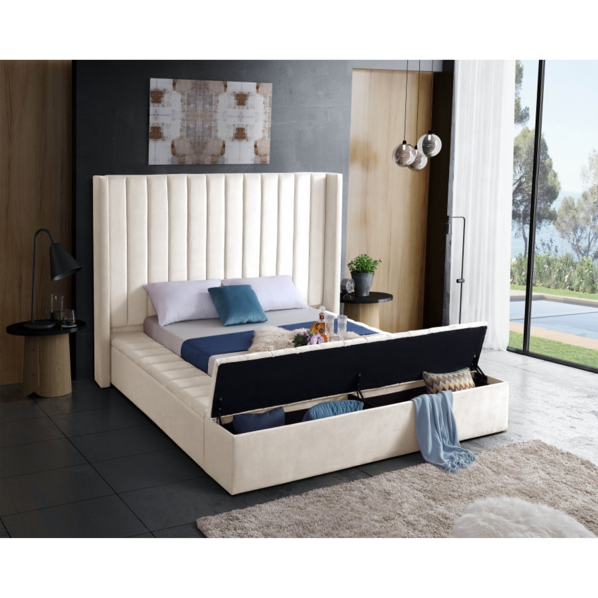 Lit Queen Size - Tissu velours crème 5723