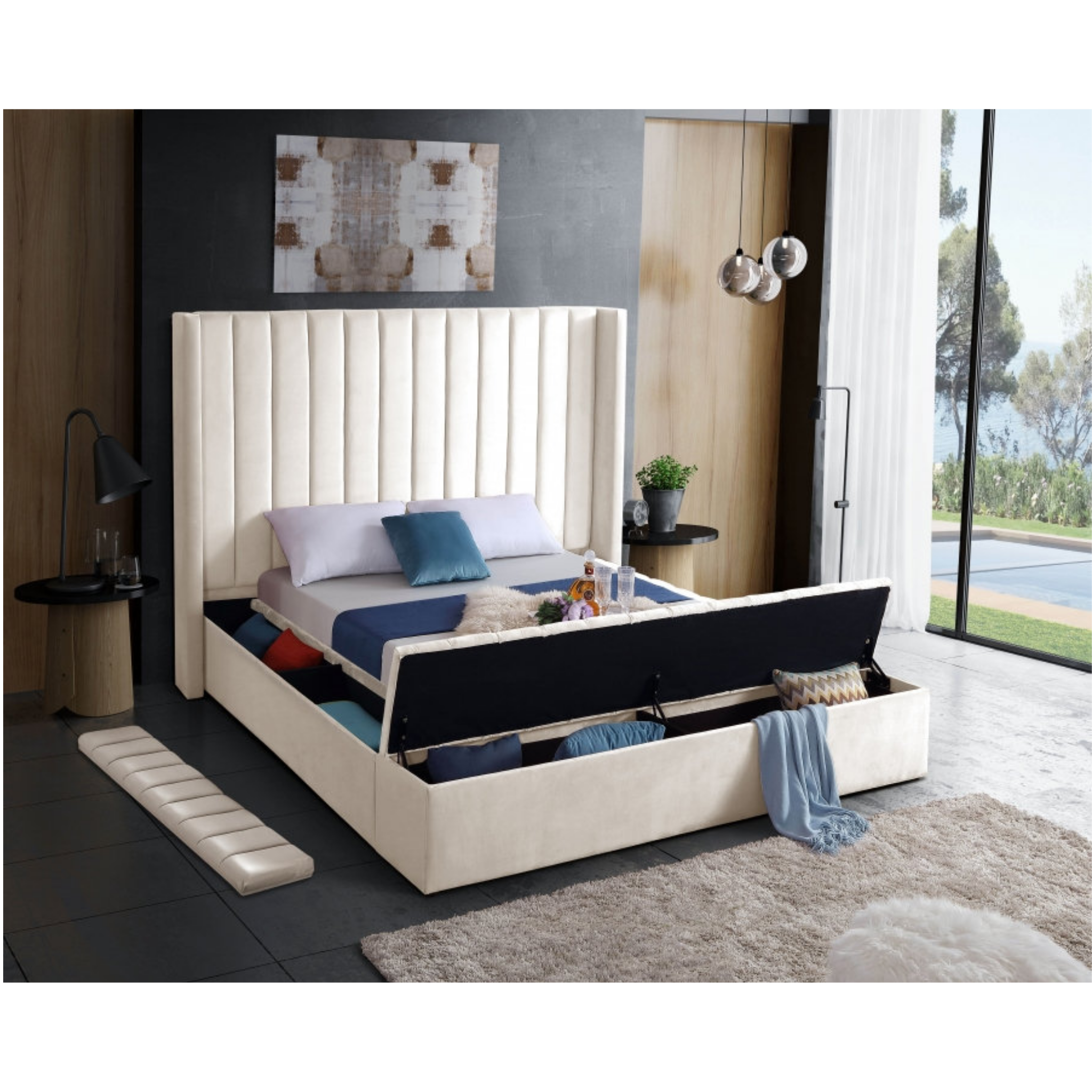 King Bed - Creme Velvet Fabric Bed 5723