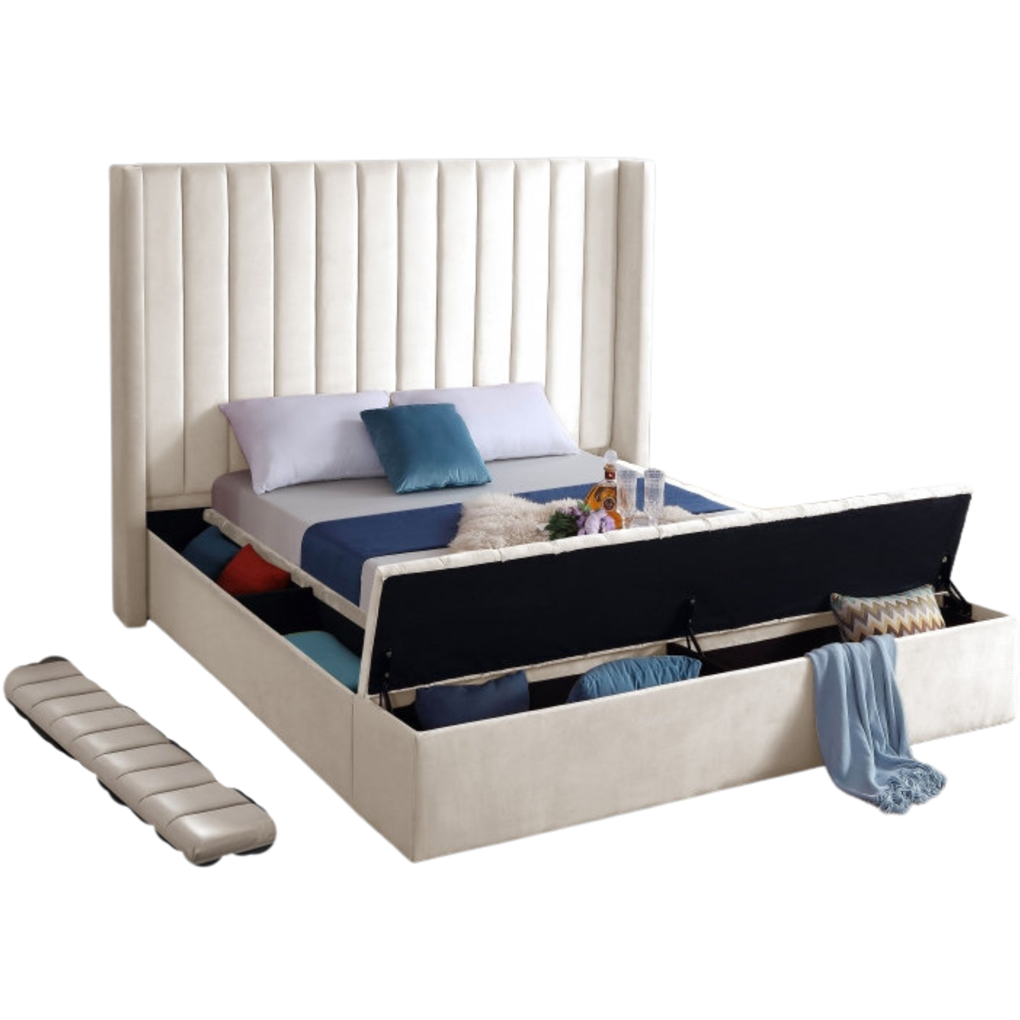 King Bed - Creme Velvet Fabric Bed 5723