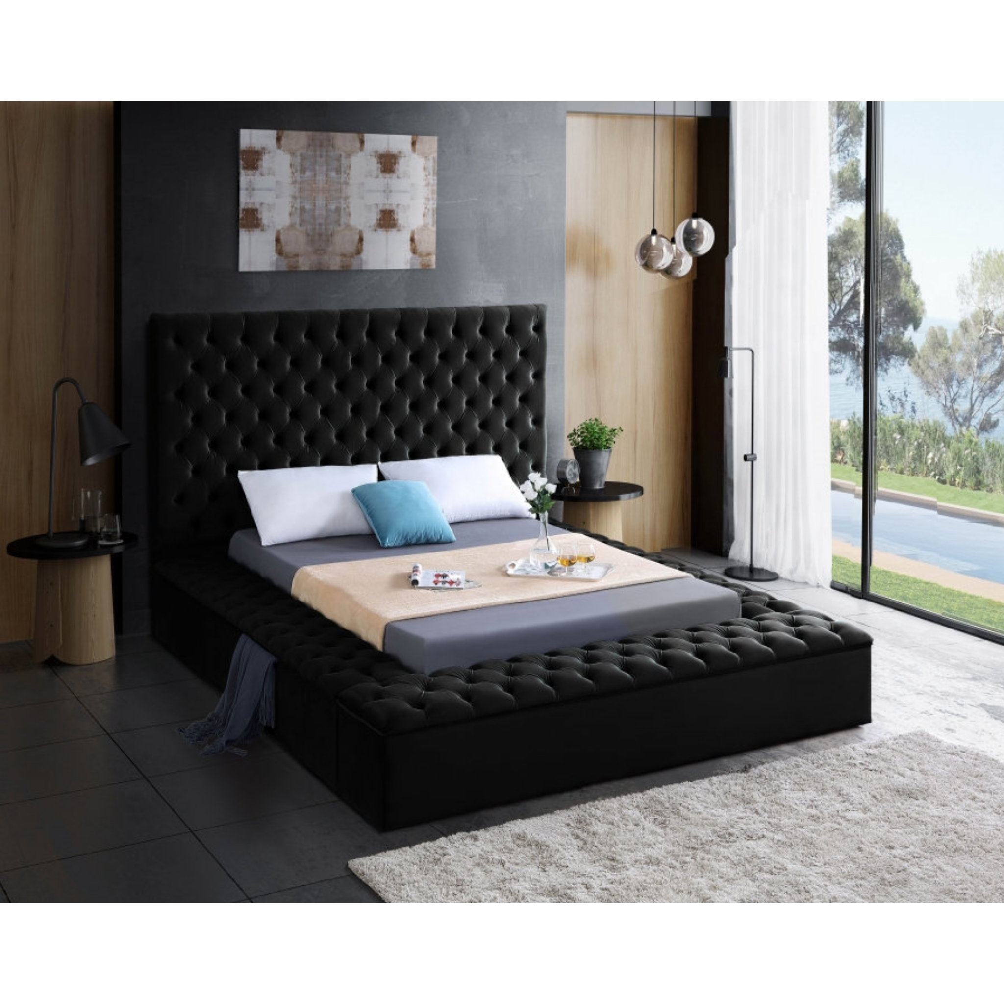 Queen Bed - Black Velvet Bed With Storage IF 5793