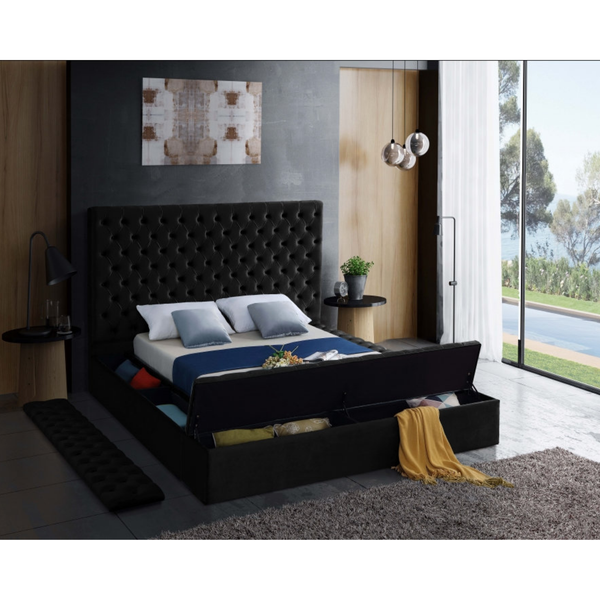 Queen Bed - Black Velvet Bed With Storage IF 5793