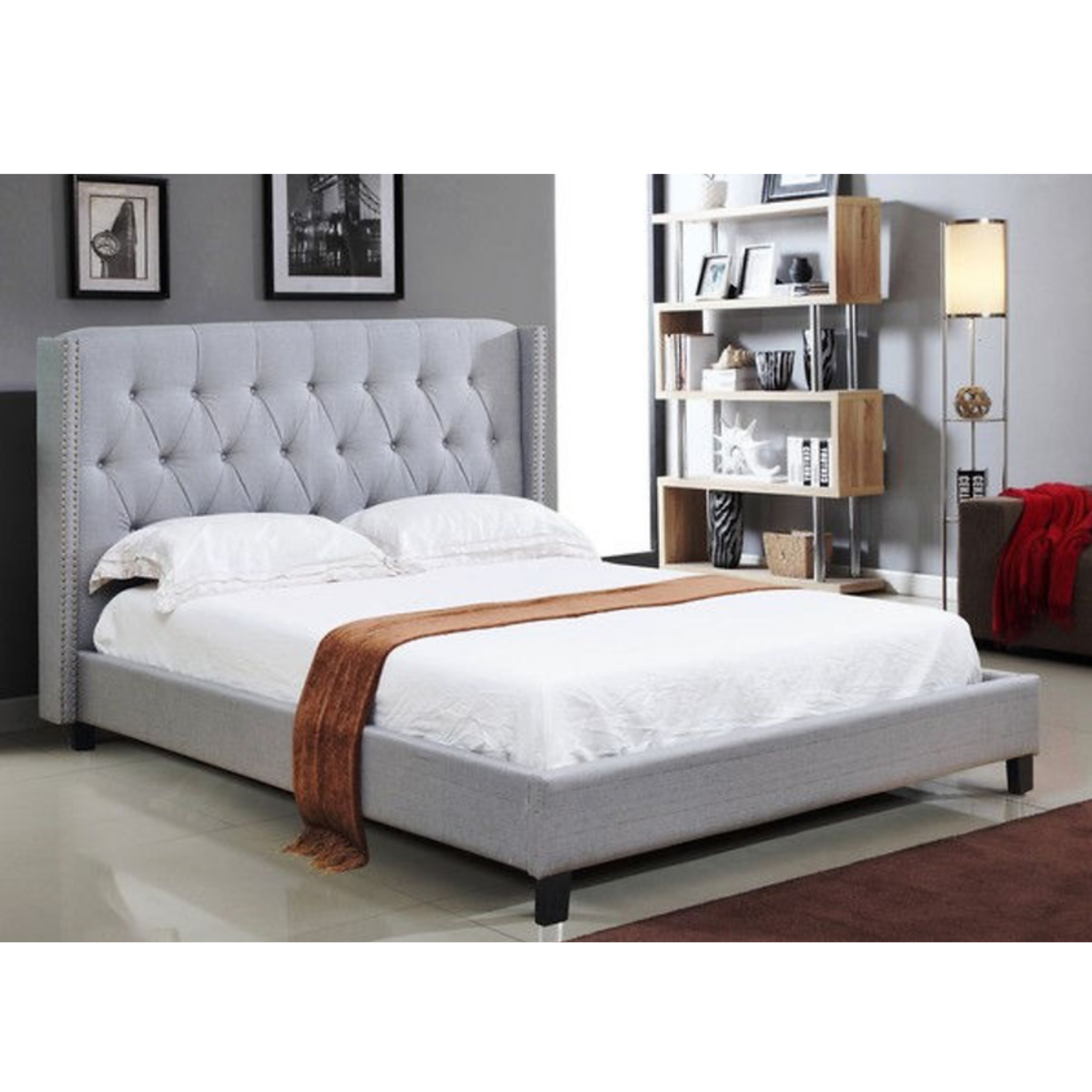 Lit double en tissu gris clair n° 5801