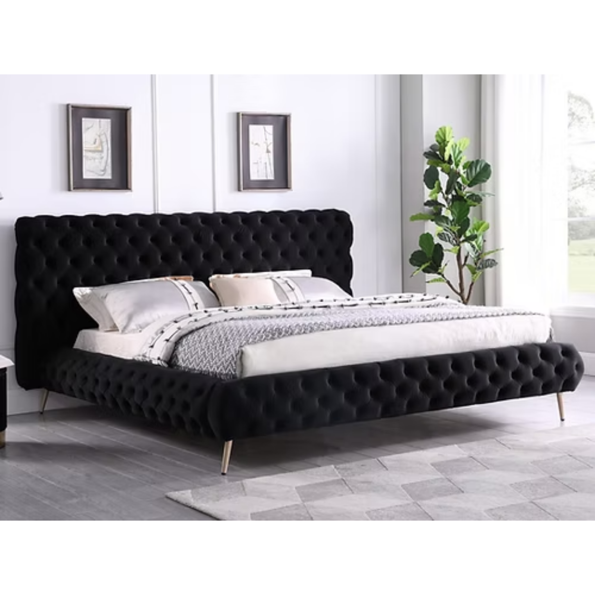 Queen Bed - Black Velvet Fabric Bed 5866