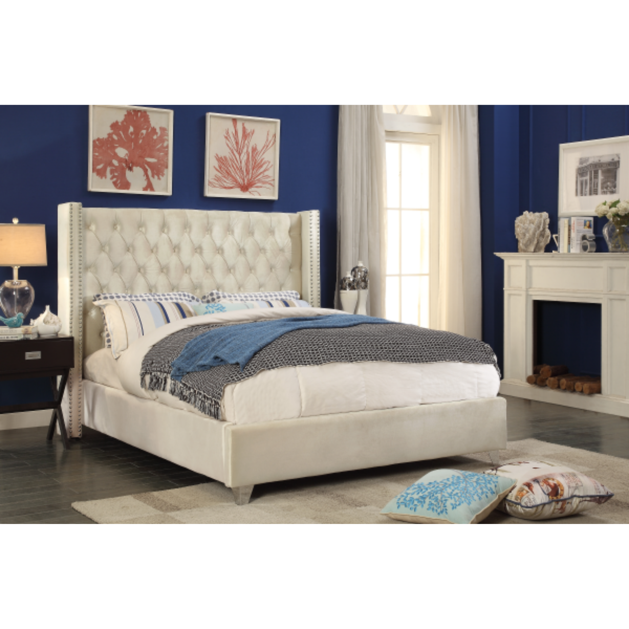King Bed - Creme Velvet Bed  IF 5892