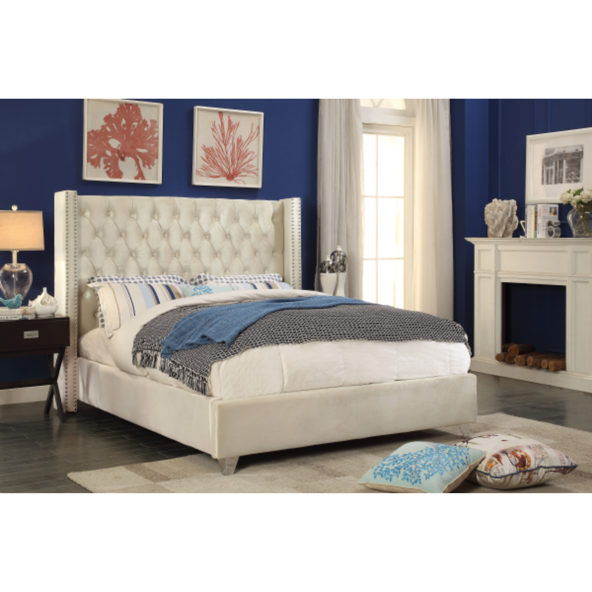 Queen Bed - Creme Velvet Bed 5892