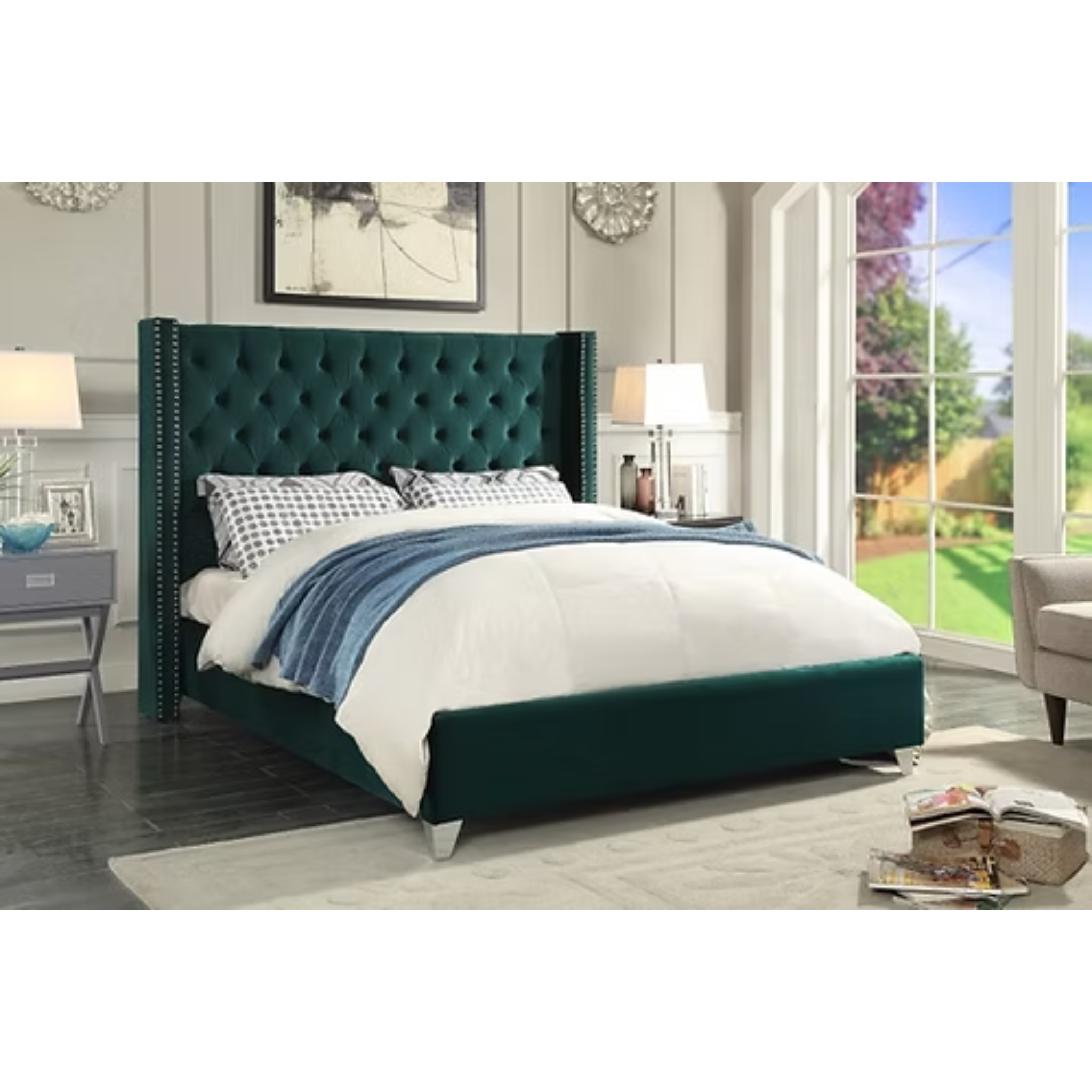 Lit King Size - Lit à oreilles en velours vert 5894