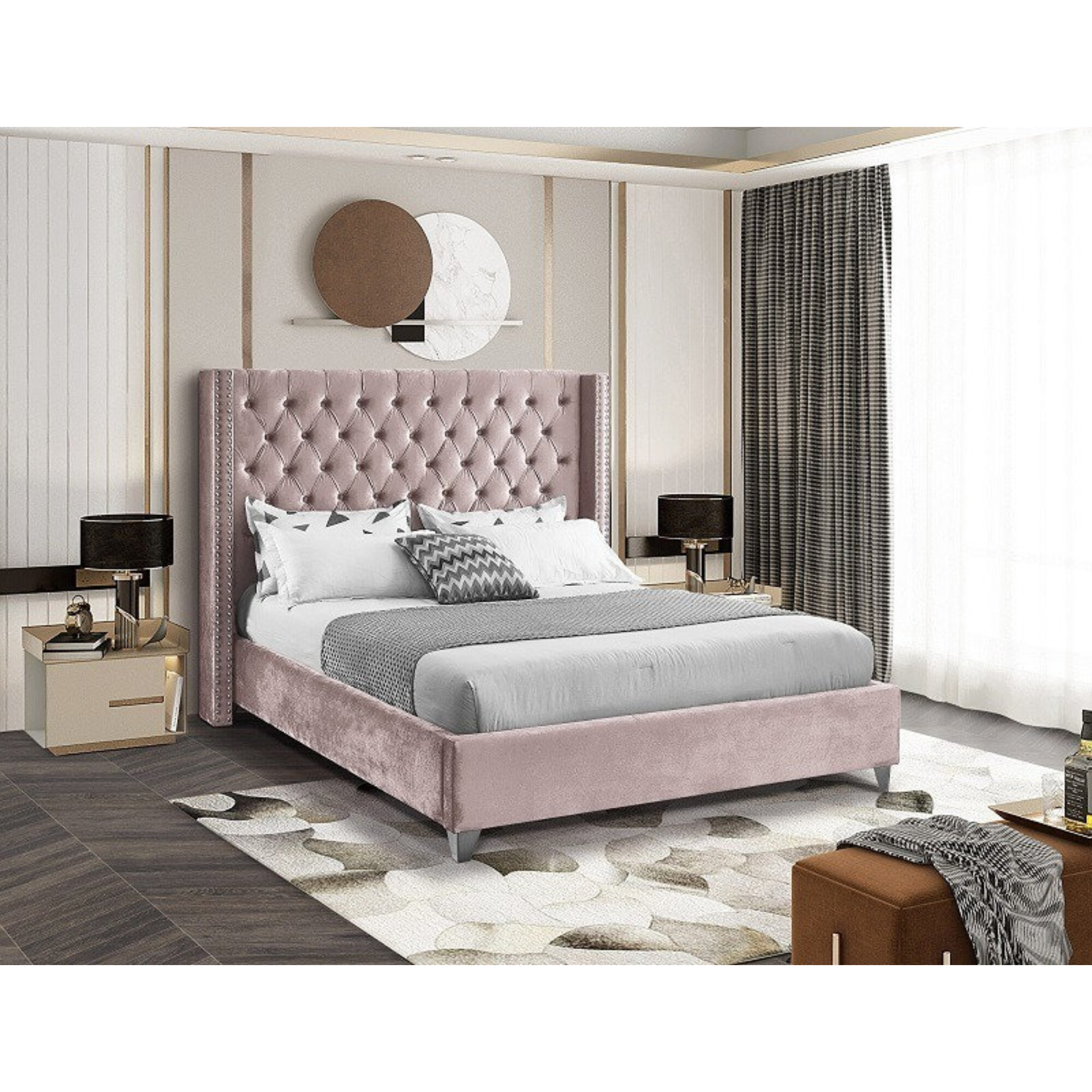 Twin Bed - Pink Velvet Fabric With Nailhead Details 5895