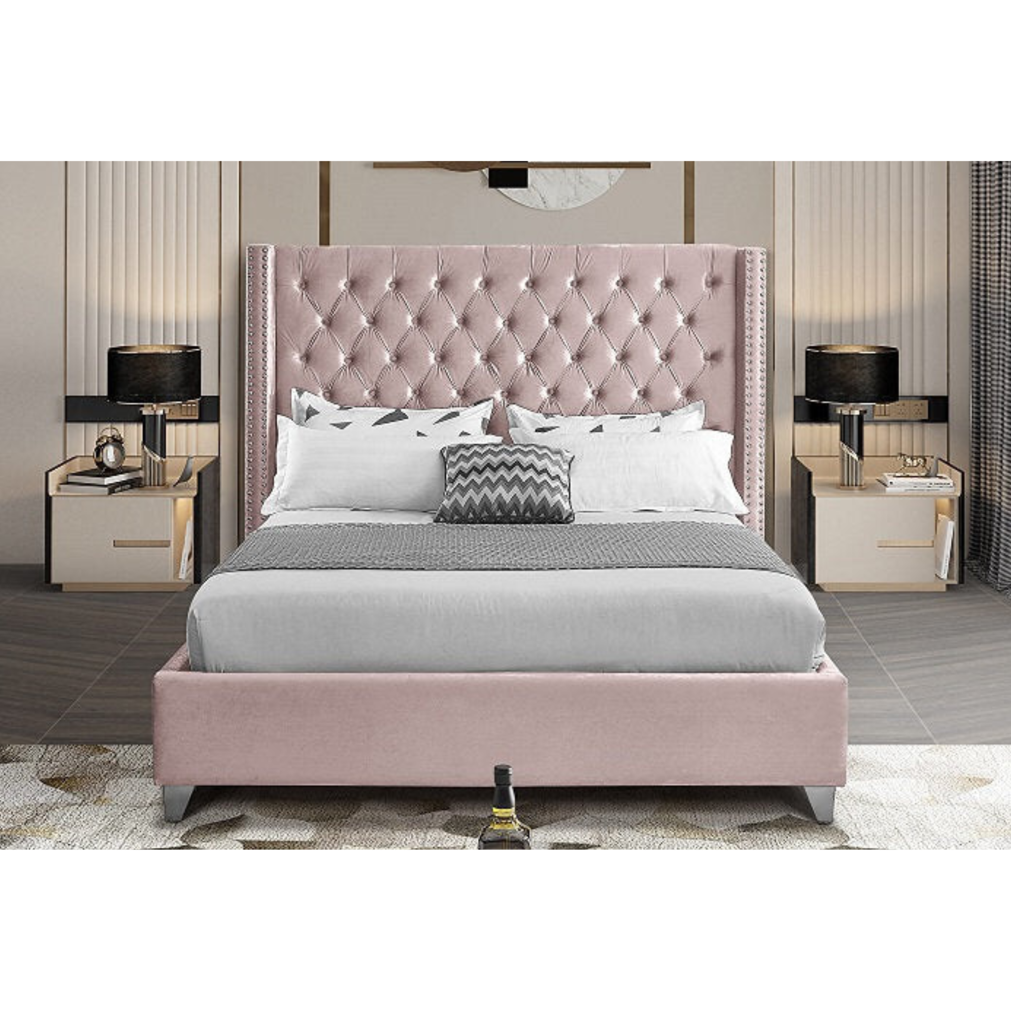 Twin Bed - Pink Velvet Fabric With Nailhead Details 5895