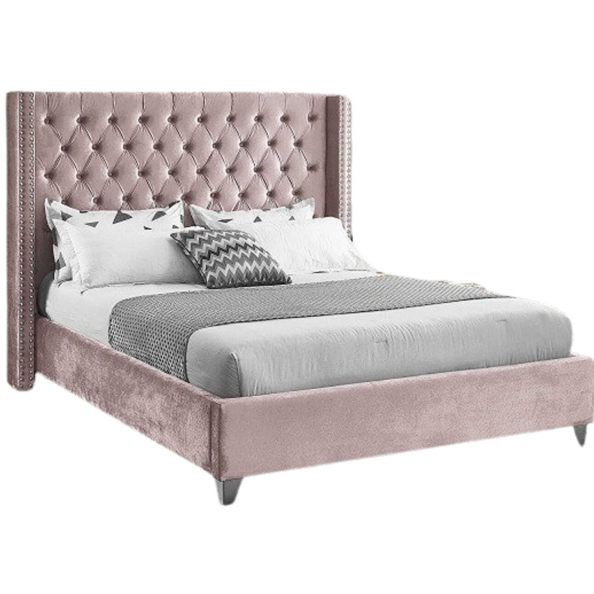 Double Bed - Pink Velvet Fabric With Nailhead Details 5895