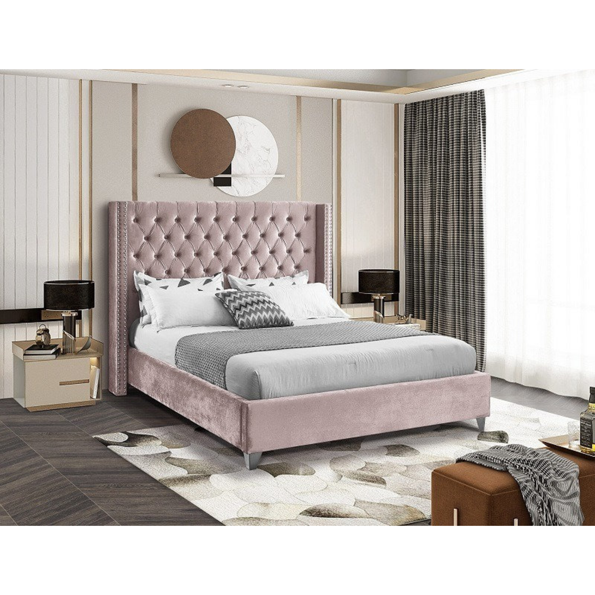 Double Bed - Pink Velvet Fabric With Nailhead Details 5895