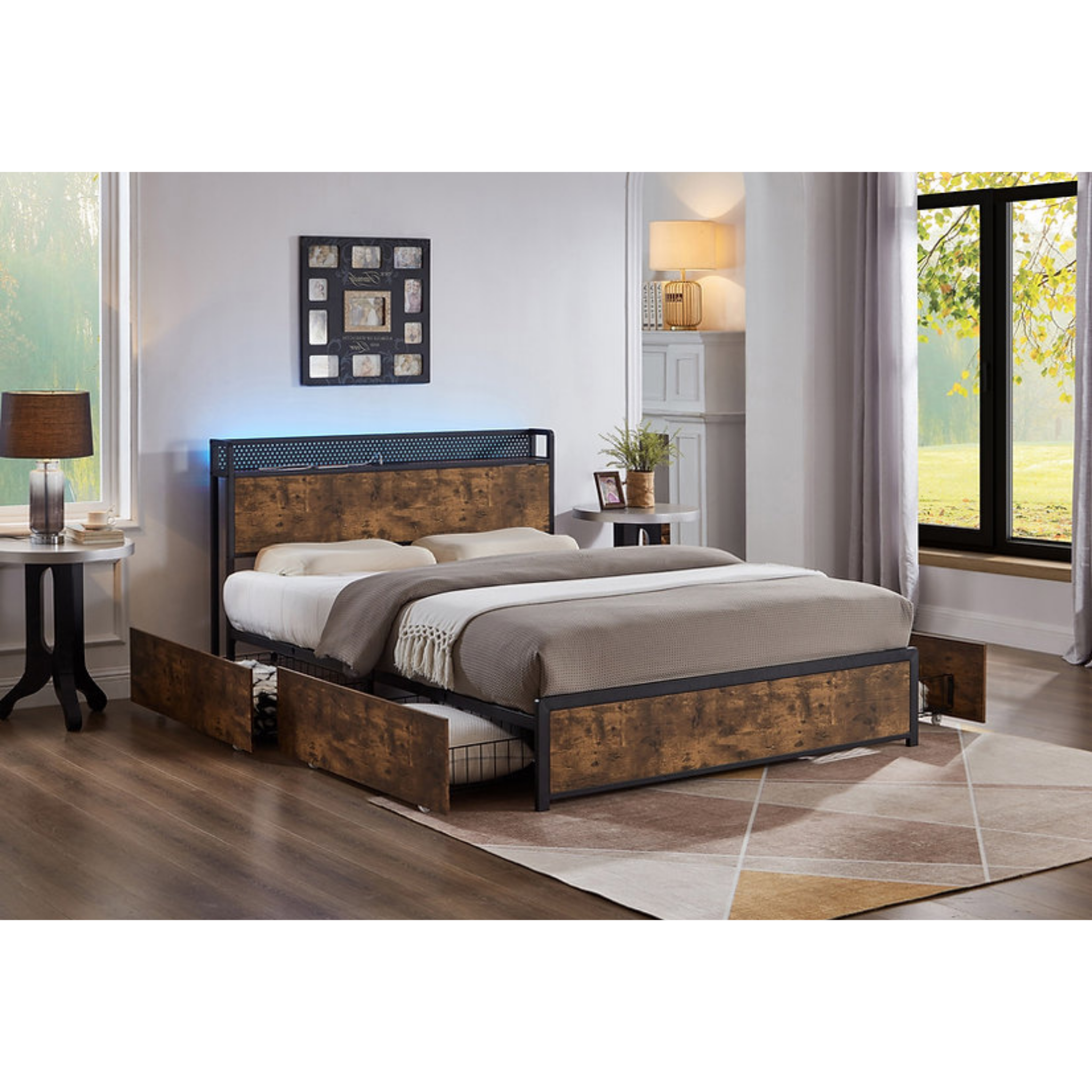 Double Bed - Wooden Storage Led Bed with Charging Station 5930