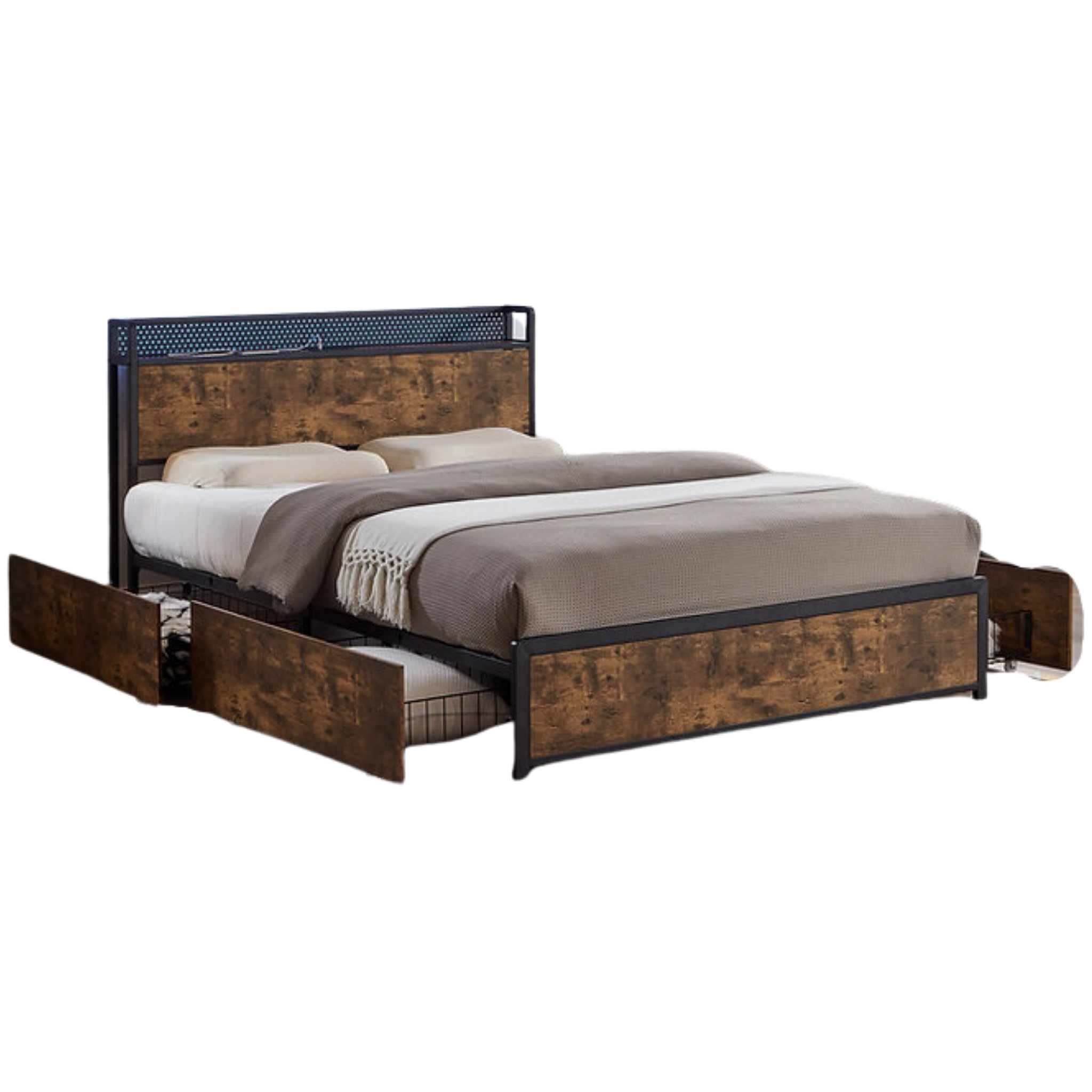Queen Bed – Wooden Storage LED Bed with Charging Station 5930