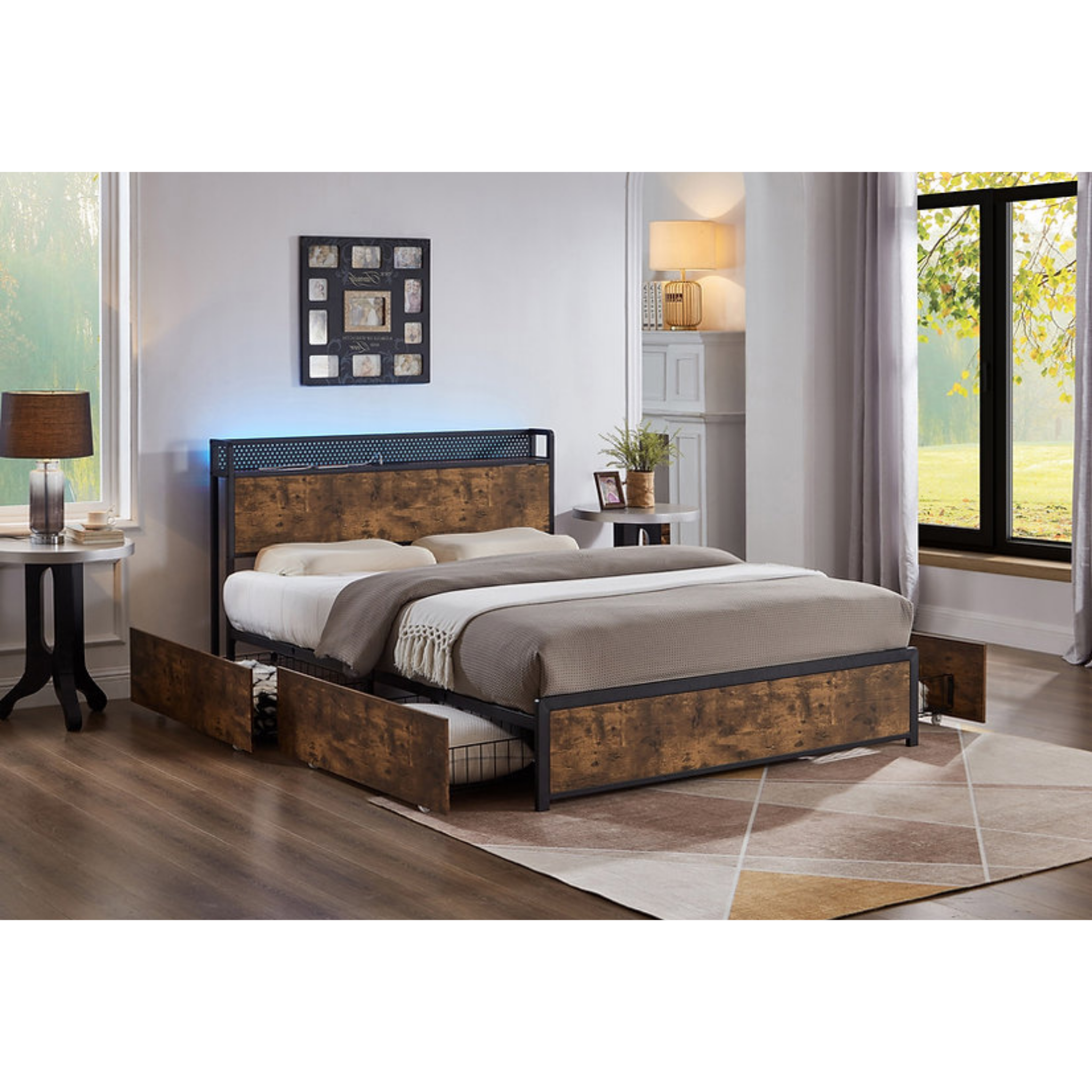 Queen Bed – Wooden Storage LED Bed with Charging Station 5930