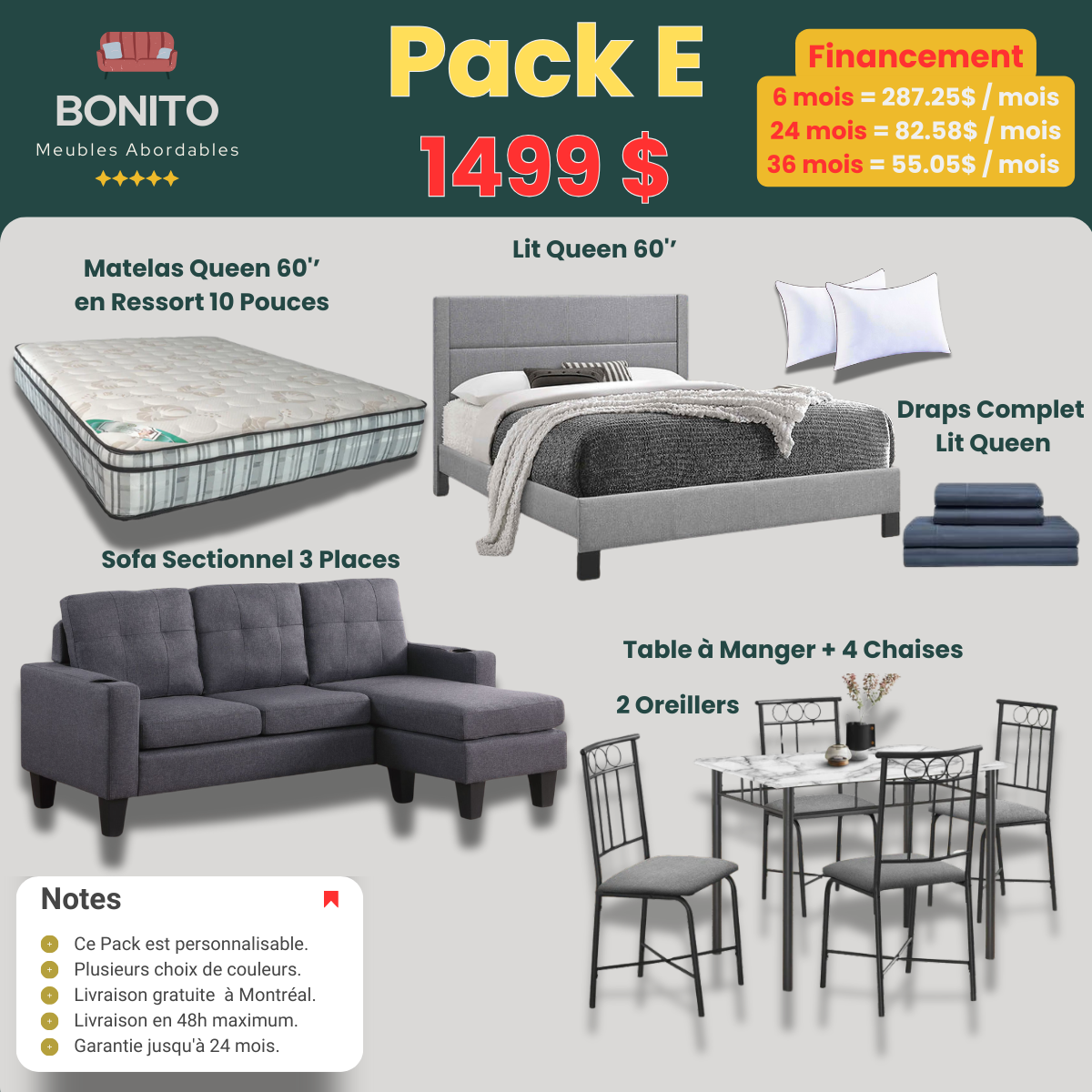 Pack E – Full Home Starter Set | Queen Bed, Sectional Sofa, Dining Set & Essentials