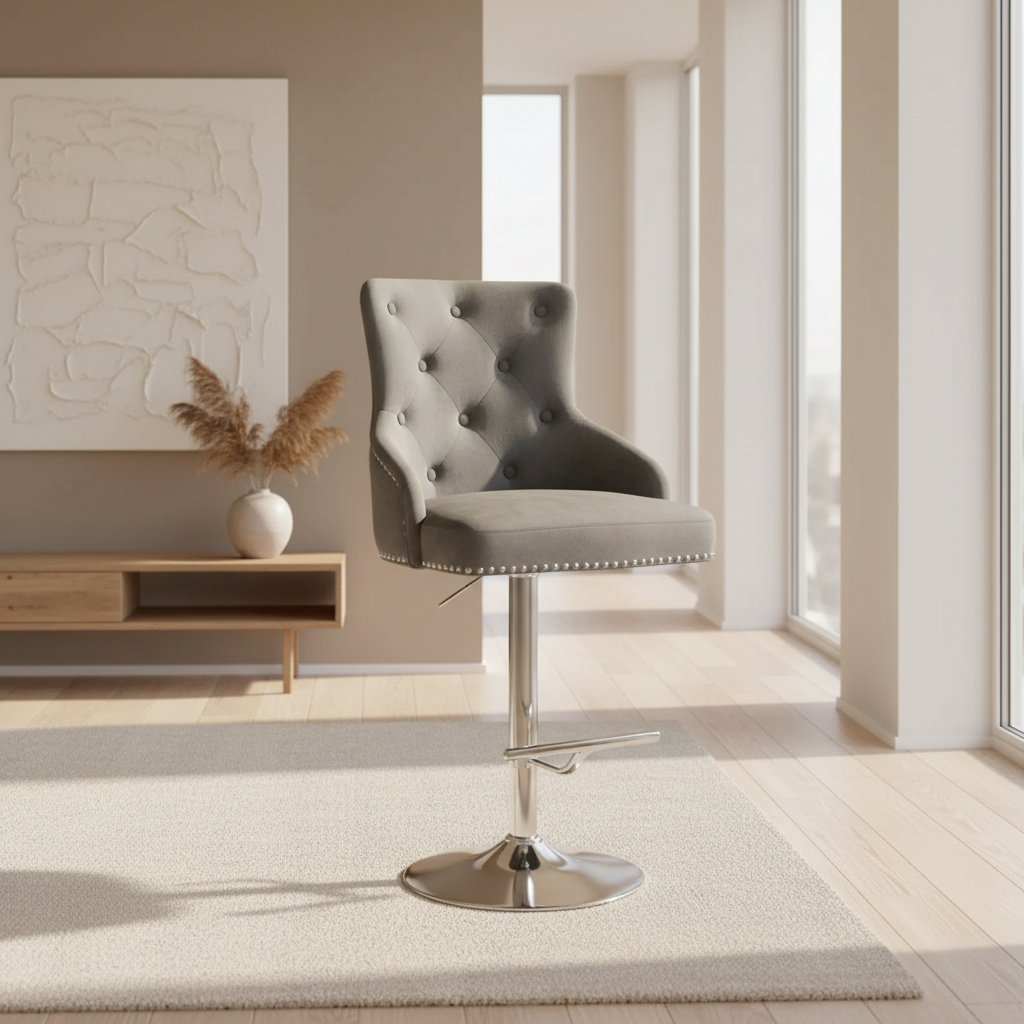 Marvella – Lot de 2 – Tabourets de bar réglables en velours – Gris