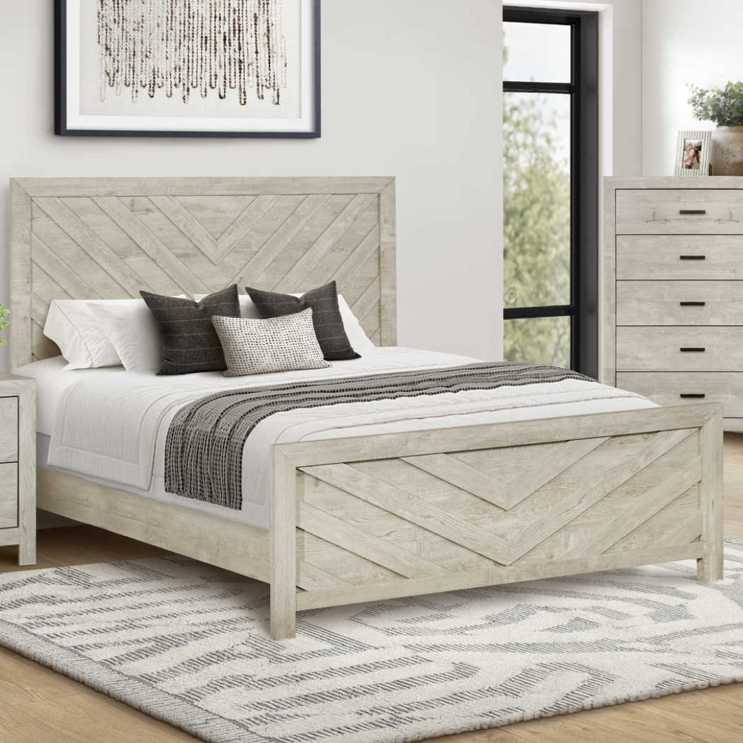 Vexano – Lit Queen chêne blanchi chevron bois