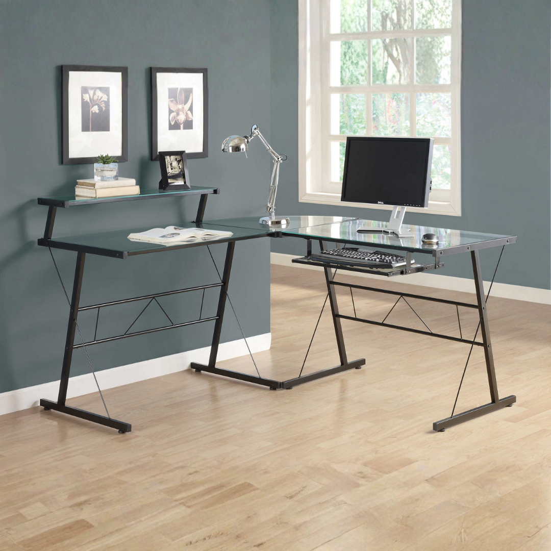 Bureau d'angle en L Glasstrix – Verre trempé / Métal noir