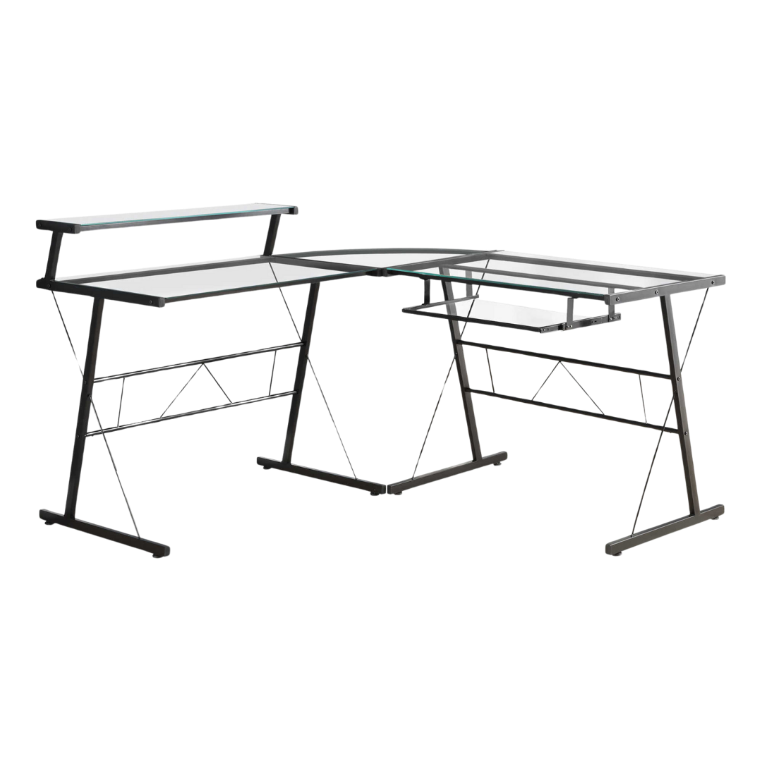 Glasstrix – L-Shape Corner Desk – Tempered Glass / Black Metal