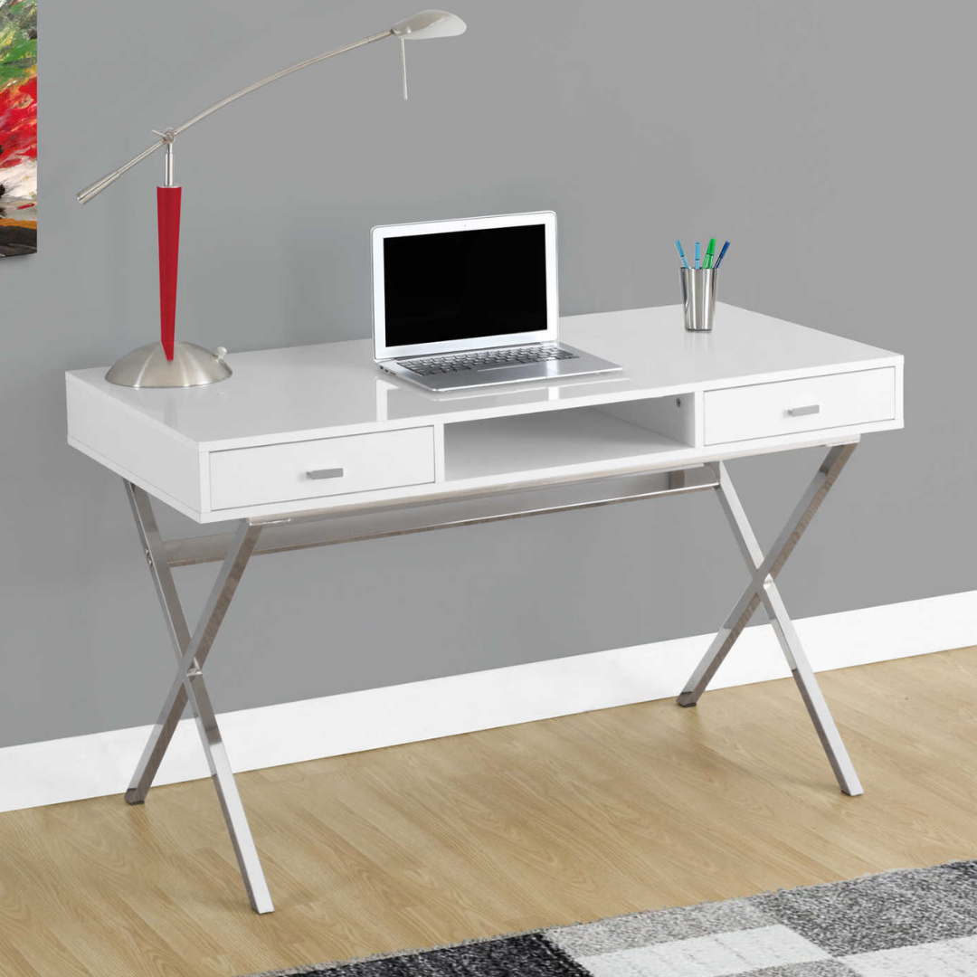 Krossen – Writing Desk – Glossy White / Chrome Metal