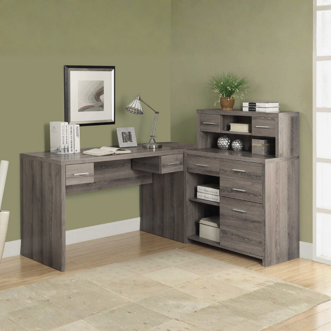 Bureau d'angle en L avec étagère Hutchera – Taupe foncé