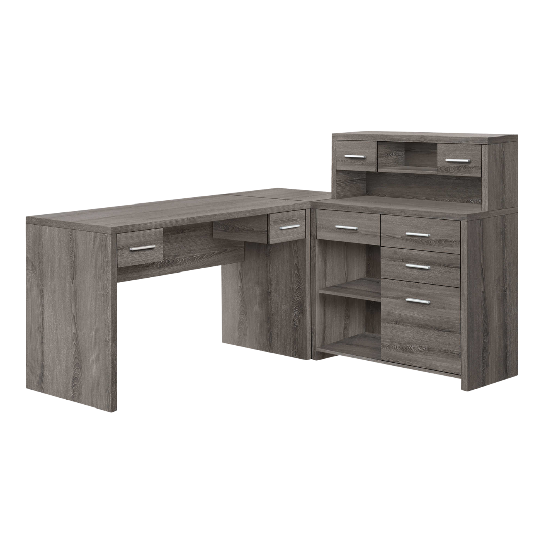 Bureau d'angle en L avec étagère Hutchera – Taupe foncé