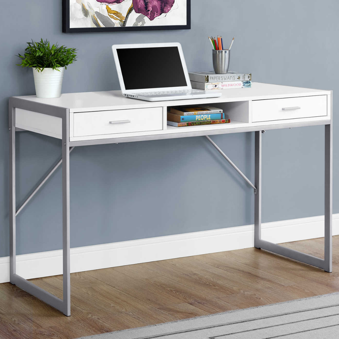 Framevo – Writing Desk – White / Silver Metal
