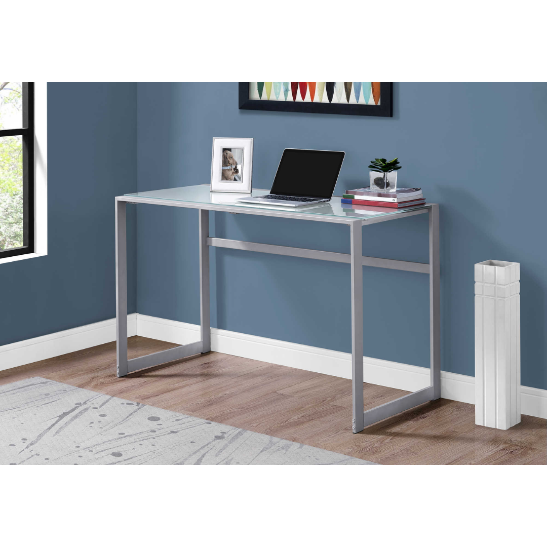 Bureau Glazora – Verre blanc dépoli / Métal argenté