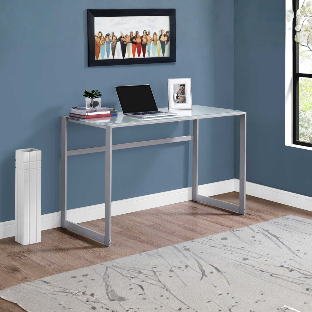 Glazora – Writing Desk – Frosted White Glass / Silver Metal
