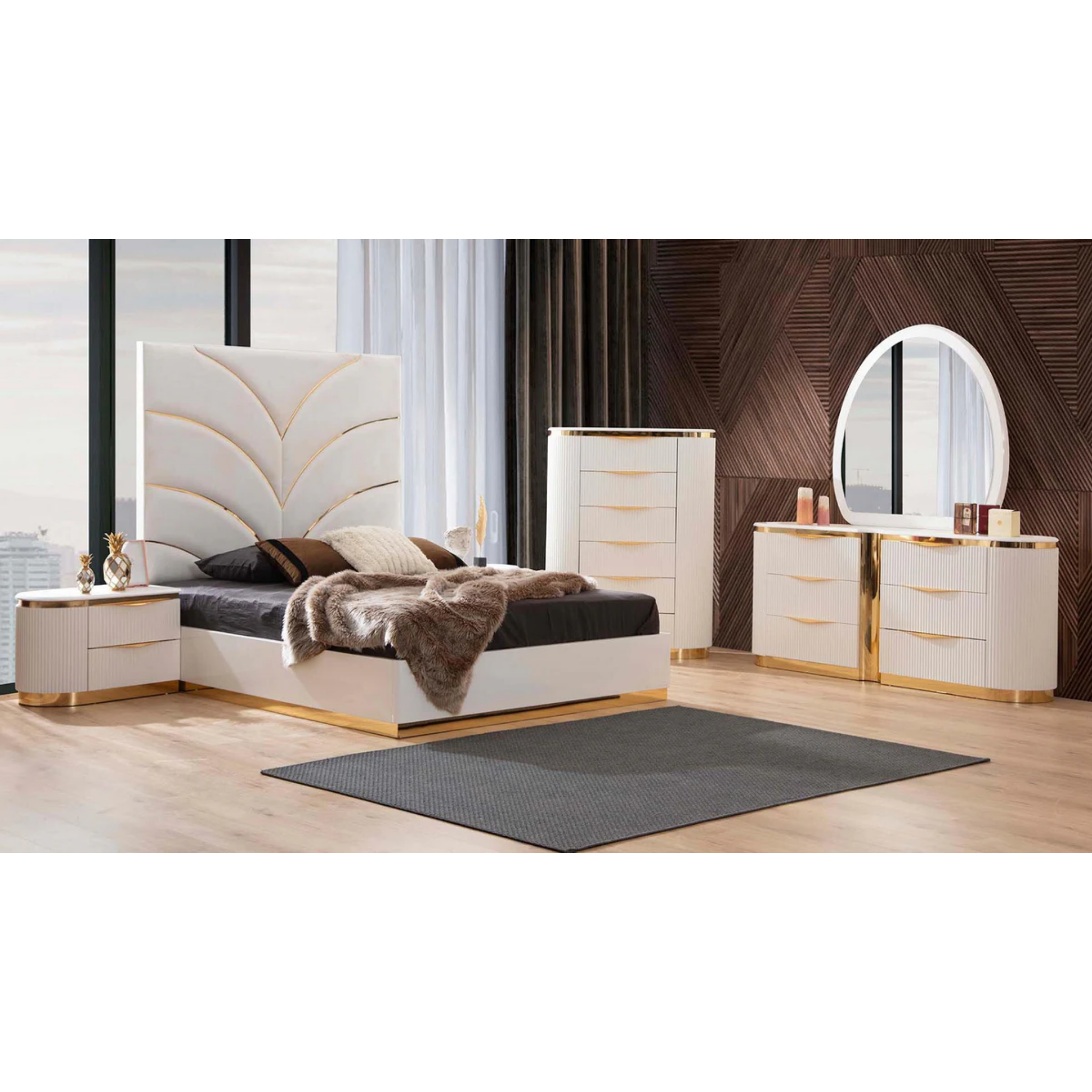 King Bedroom Set – Laura White & Gold