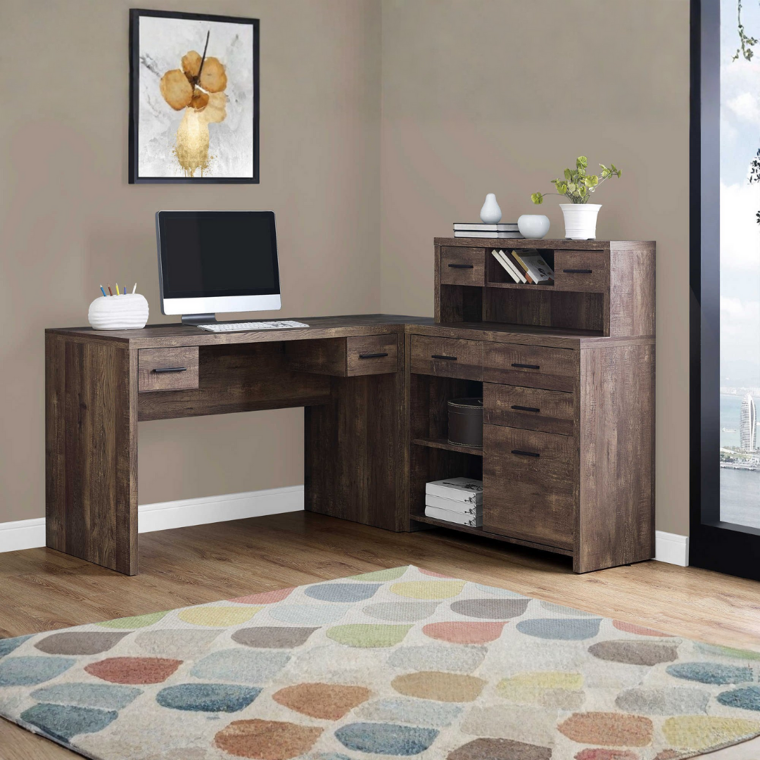 Bureau d'angle en L avec étagère intégrée Hutchera – Bois recyclé brun