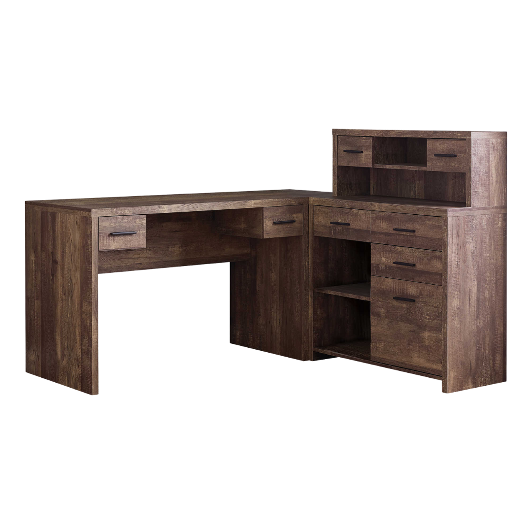 Bureau d'angle en L avec étagère intégrée Hutchera – Bois recyclé brun