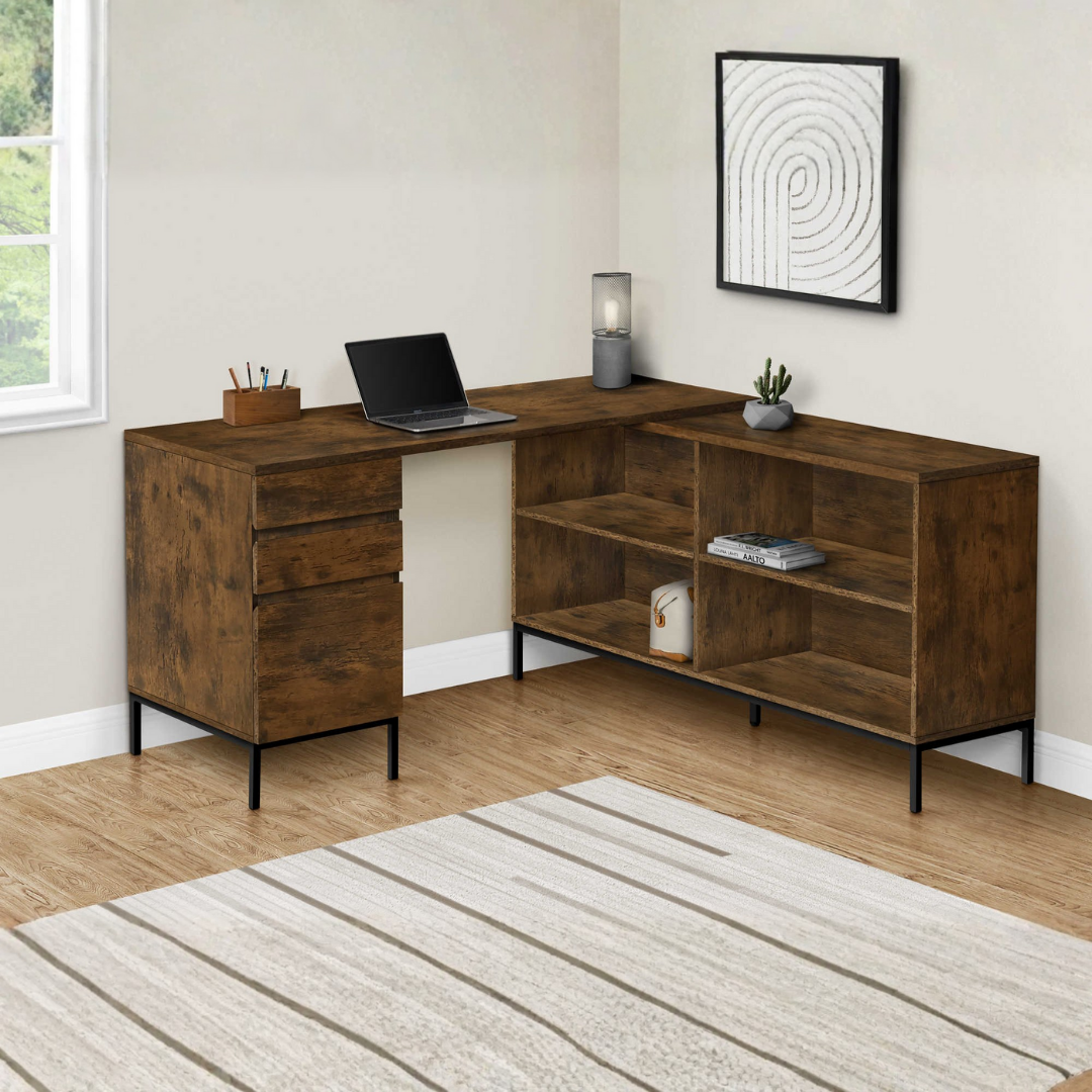 Oakvion – L-Shape Computer Desk – Rustic Brown