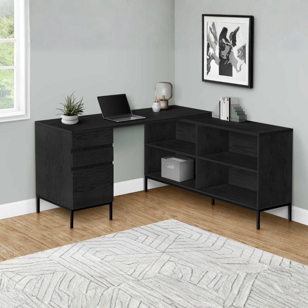 Oakvion – L-Shape Computer Desk – Black Oak