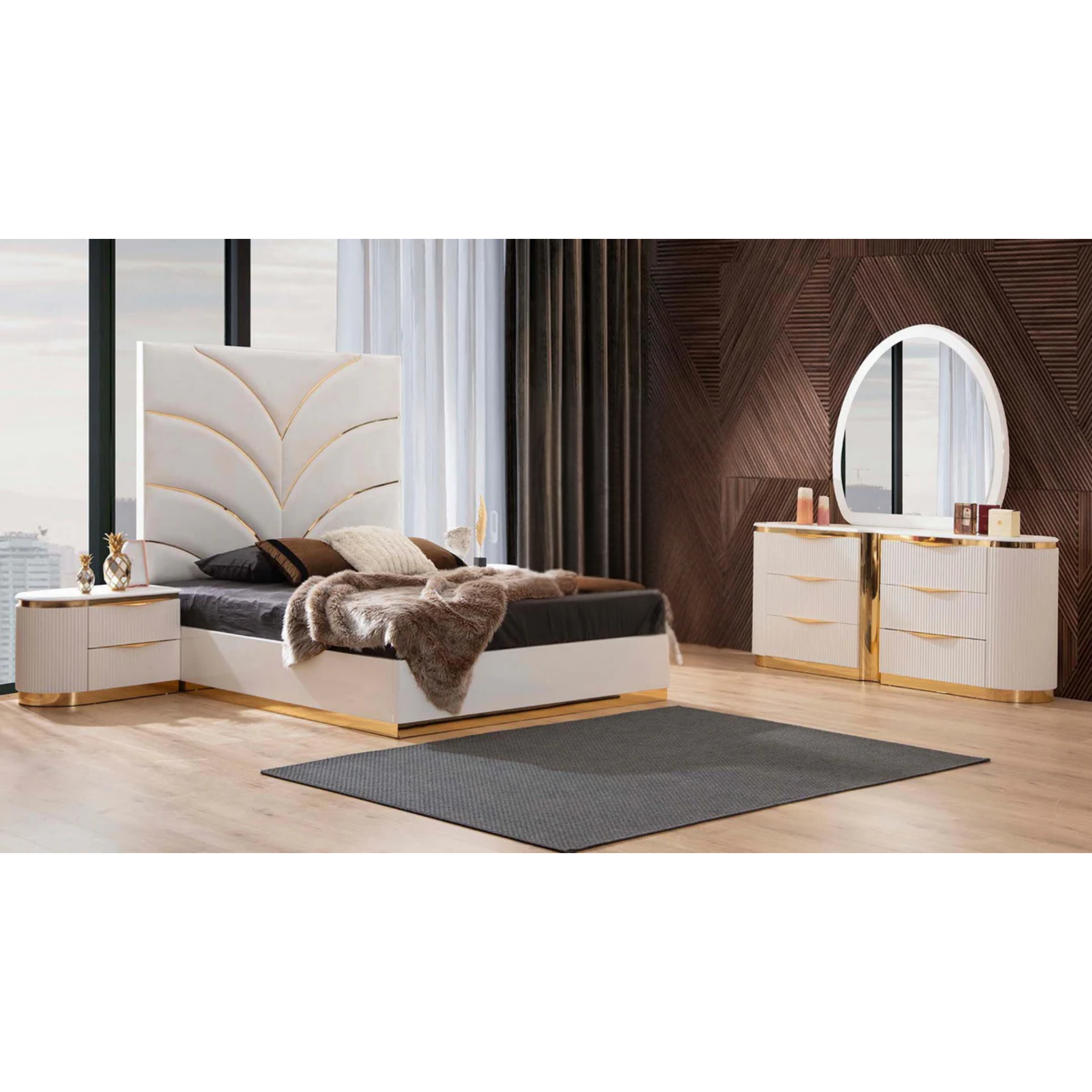 King Bedroom Set – Laura White & Gold