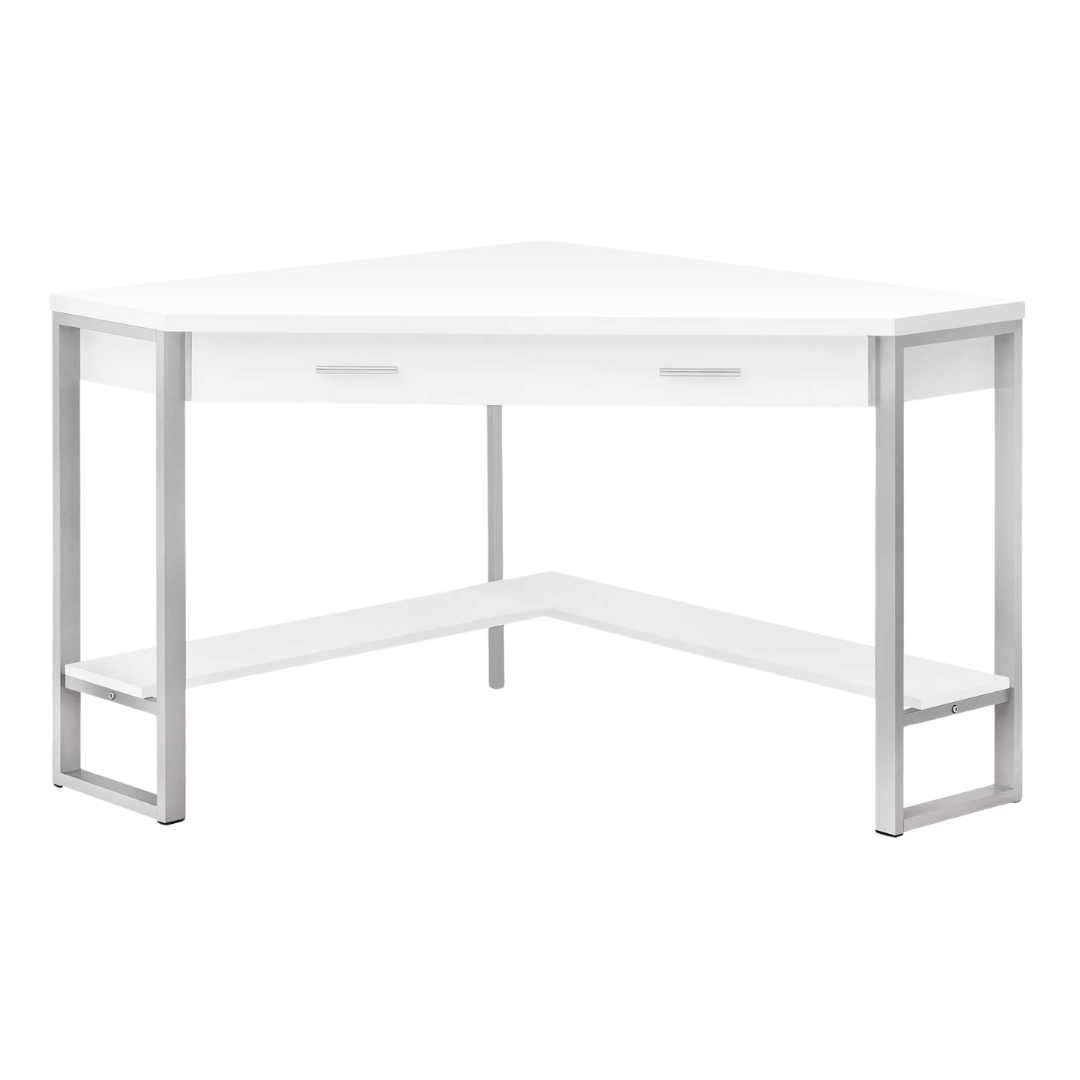 Cornera – Corner Desk – White / Silver Metal